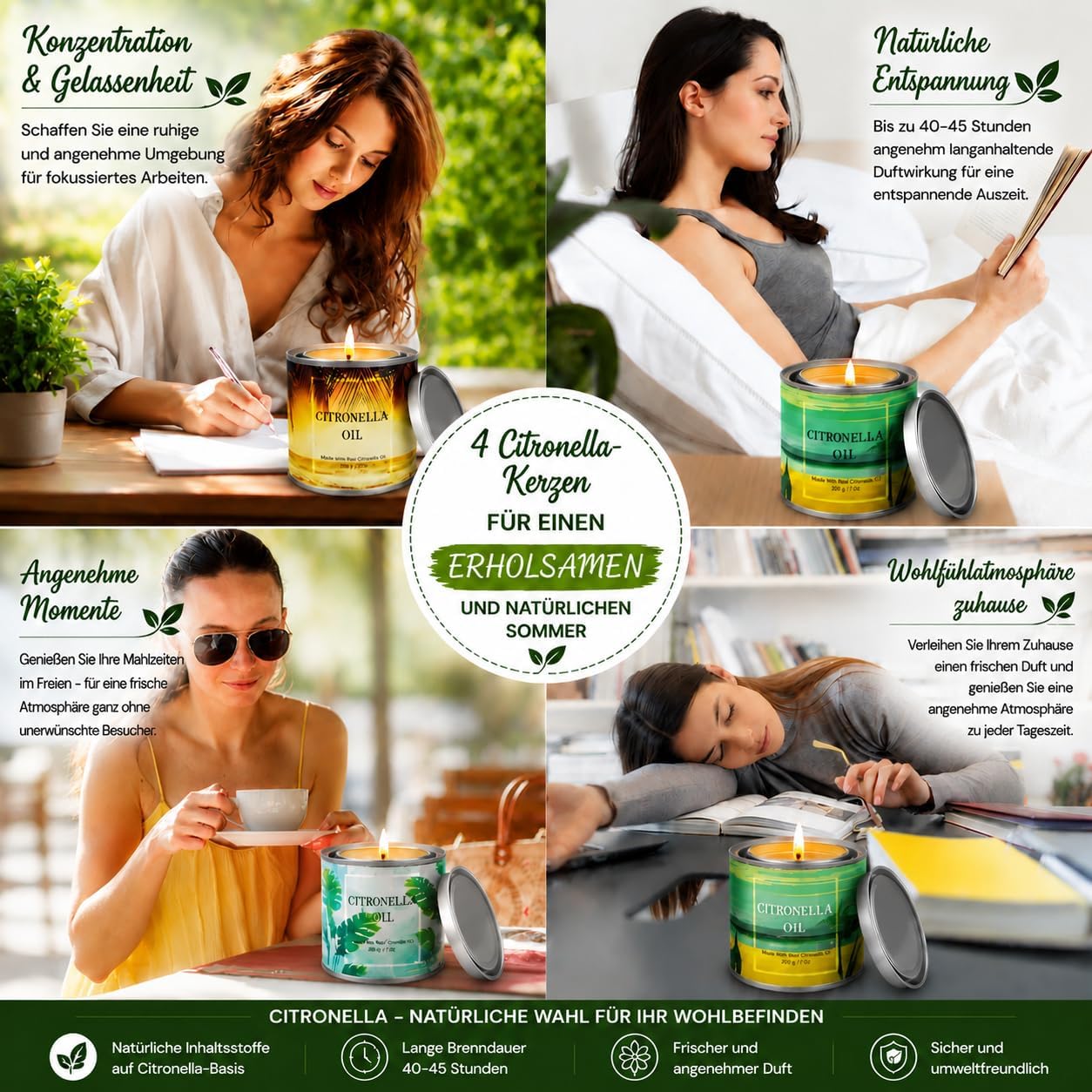Creashine Citronella Kerzen Outdoor 4er Set, 800g Sojawachskerzen mit Zitronengrasduft, lange Brenndauer für Garten, Balkon, Terrasse, Camping und Outdoor-Aktivitäten – Bild 6