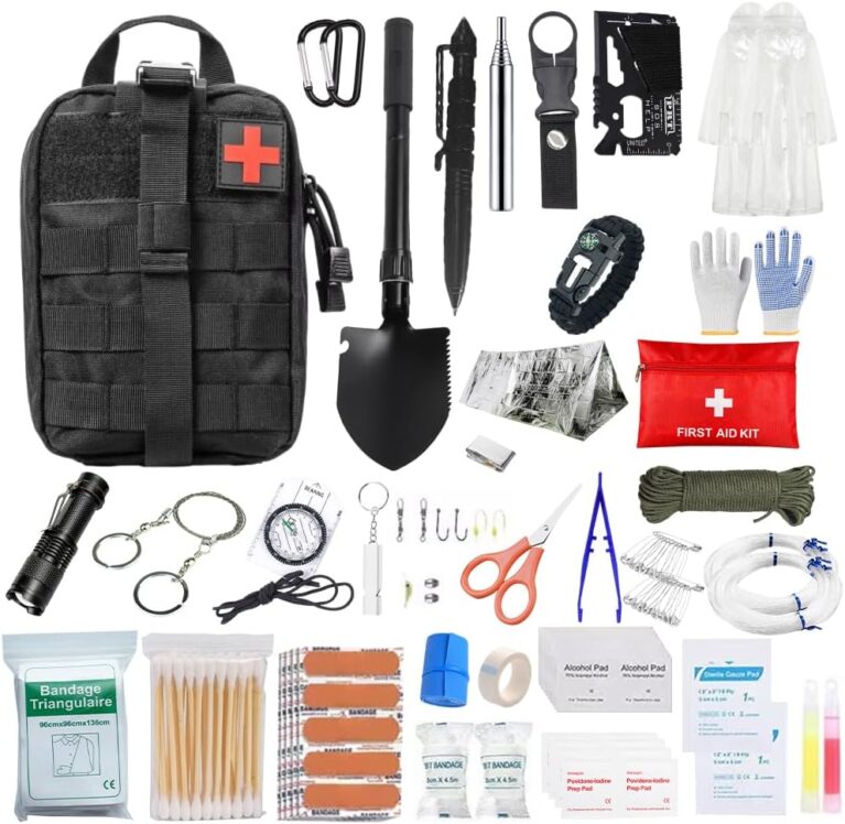 Erste-Hilfe-Set, Survival-Set mit Survival-Tool, gefüllter Notfallrucksack, Erste-Hilfe-Set, Outdoor-Survival-Set für Auto, Camping, Rucksackreisen, Wandern, Jagd