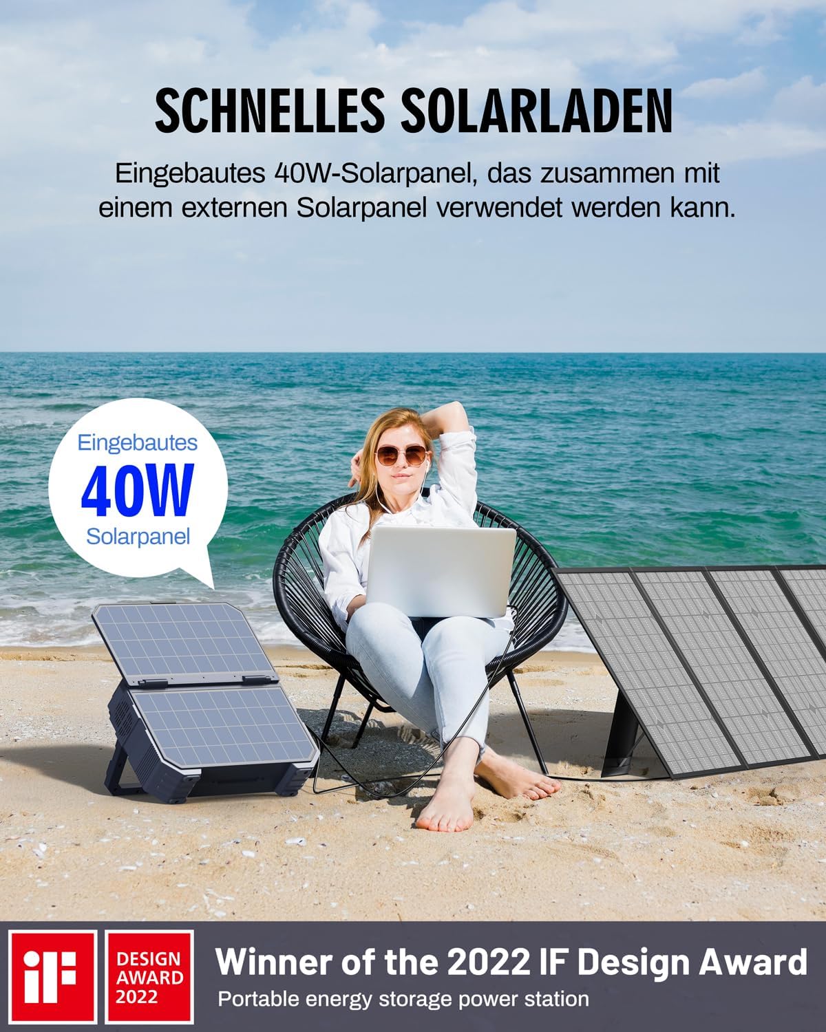 BROWEY Tragbares Kraftwerk 1024 Wh 1600 W (3200 W Peak) mit integriertem 40-W-Solarpanel, 100-W-USB-C-PD-Eingang/Ausgang, Solargenerator mit LiFePO4-Akku für Camping, Wohnmobil und Stromausfall – Bild 2