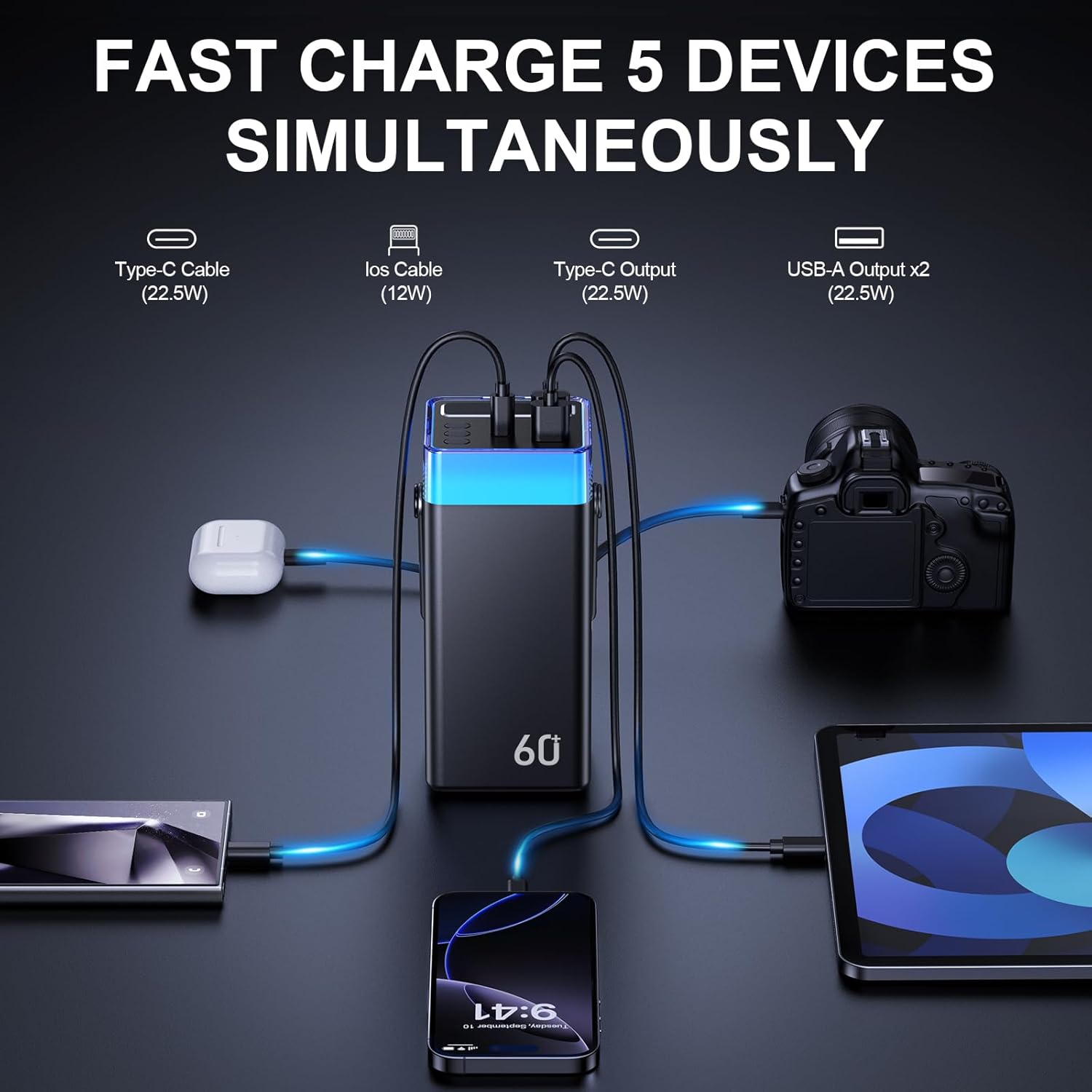 2026 Powerbank 60000 mAh, großes 22,5 W USB-C-Schnellladegerät, Powerbank mit 3 Kabeln, 5 Ausgänge, tragbarer externer Akku mit LED-Anzeige, Taschenlampe, kompatibel mit iPhone, Samsung, Android (schwarz) – Bild 4