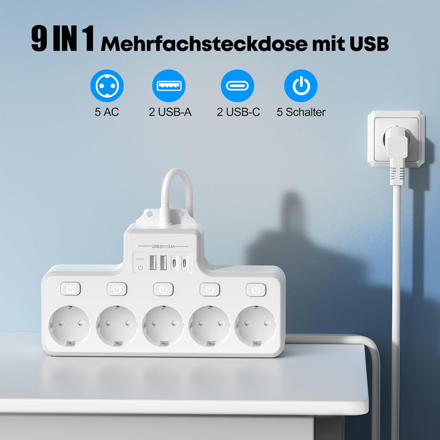 Steckdosenleiste mit Überspannungsschutz, 5-fach & einzeln schaltbar mit 2 USB-A und 2 USB-C – Wandmontage in Küche, Büro, Wohnzimmer, 1,8 m Kabel, 4000 W/16 A – Bild 2