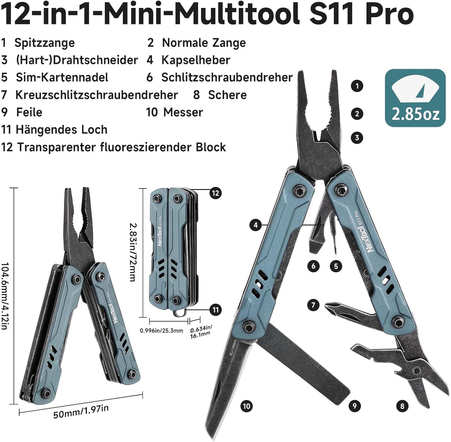 NexTool Multitool Mini Sailor S11 Pro, 12-in-1-Multitool, kompaktes EDC-Werkzeug mit verbesserten Materialien aus Edelstahl, Camping und Wandern für Heimwerker, Outdoor und Alltag, Geschenk für Männer, Handwerker und Abenteurer – Bild 2