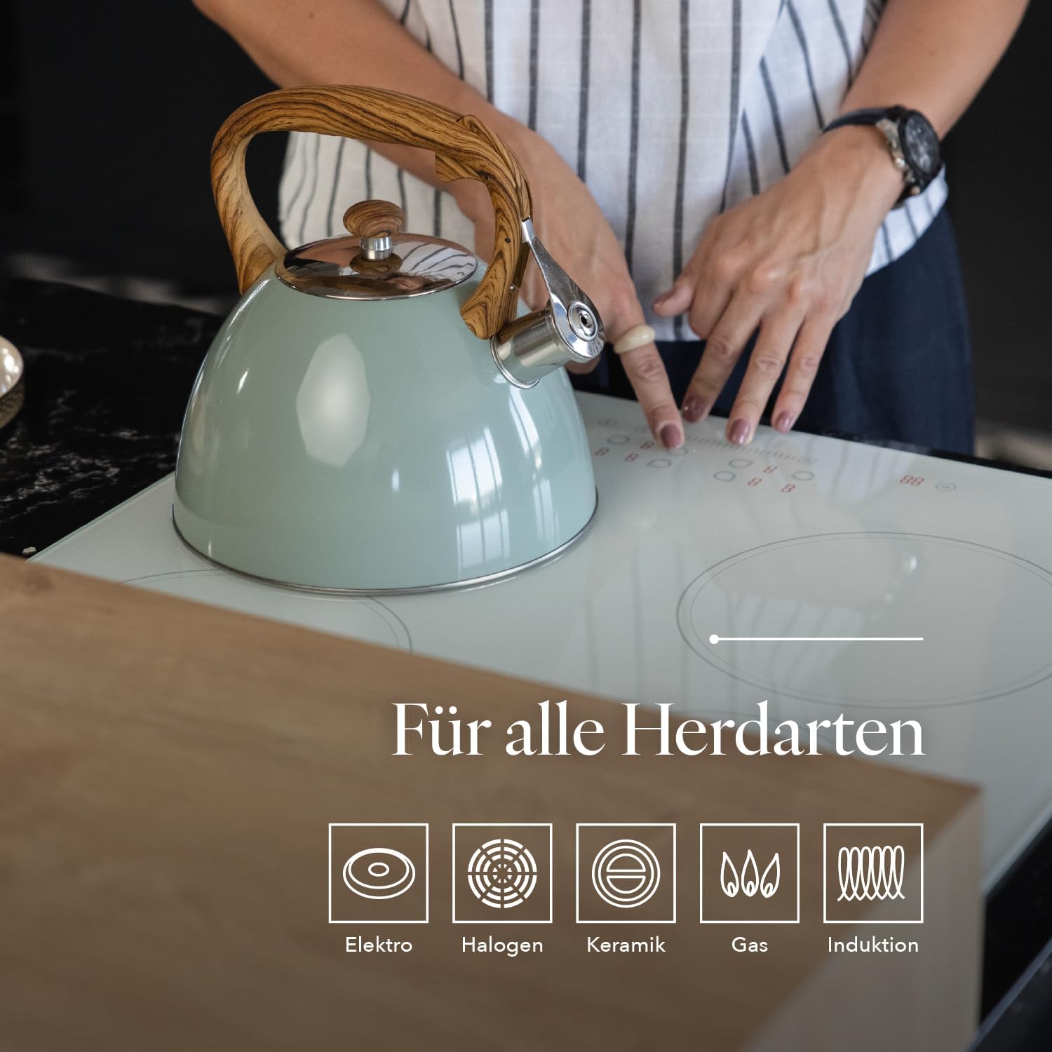FLORINA Frank Wasserkocher (2,5 Liter) I Teekessel aus Edelstahl I Pfeifkessel mit Holzgriff I Automatischer Pfeifkessel I Wasserkocher für Induktionsherd, Gasherd und Elektroherd I Farbe: Mattgrün – Bild 3