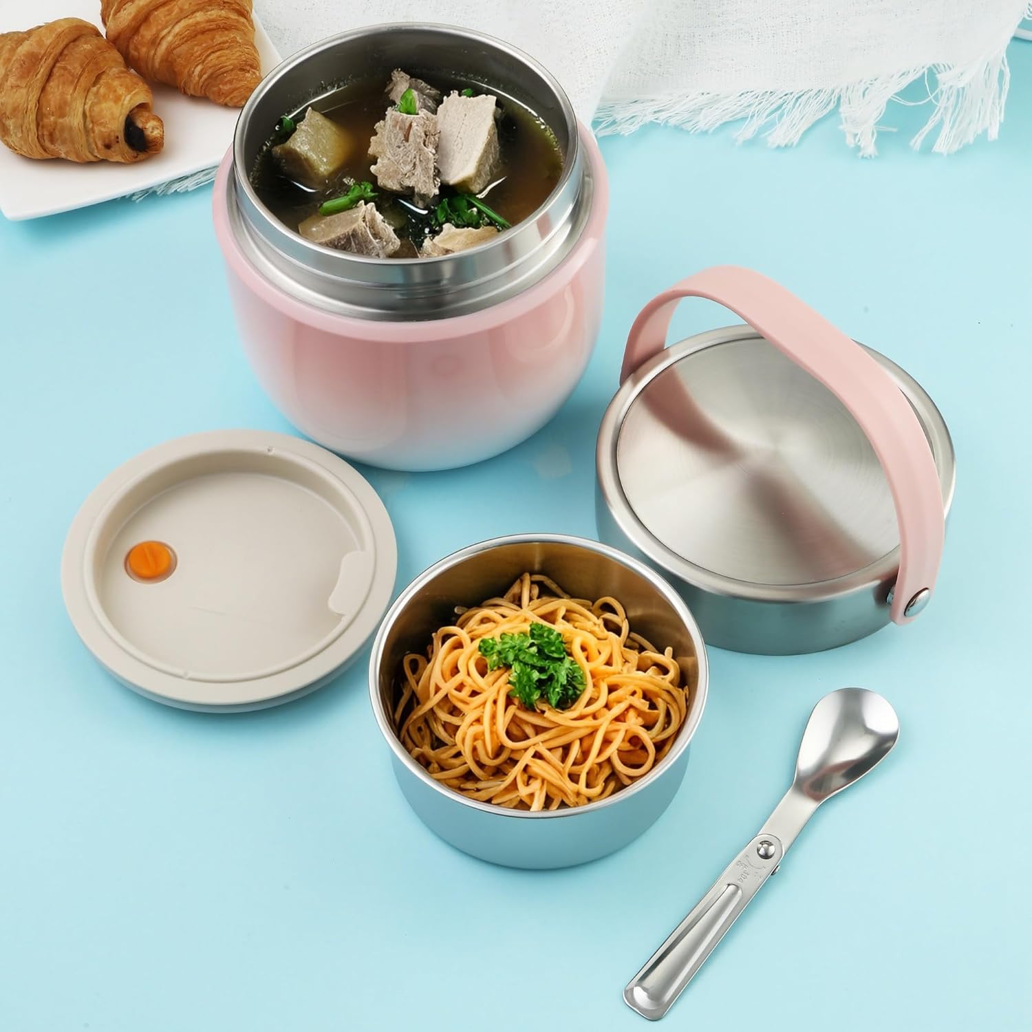 Thermo-Lebensmittelbehälter 1200 ml Fassungsvermögen Warmhaltebehälter Lebensmittel Thermoschüssel mit Deckel, Thermo-Lunchbox zur Aufbewahrung von Mittagessen, Suppen, Brei (Rosa) – Bild 7