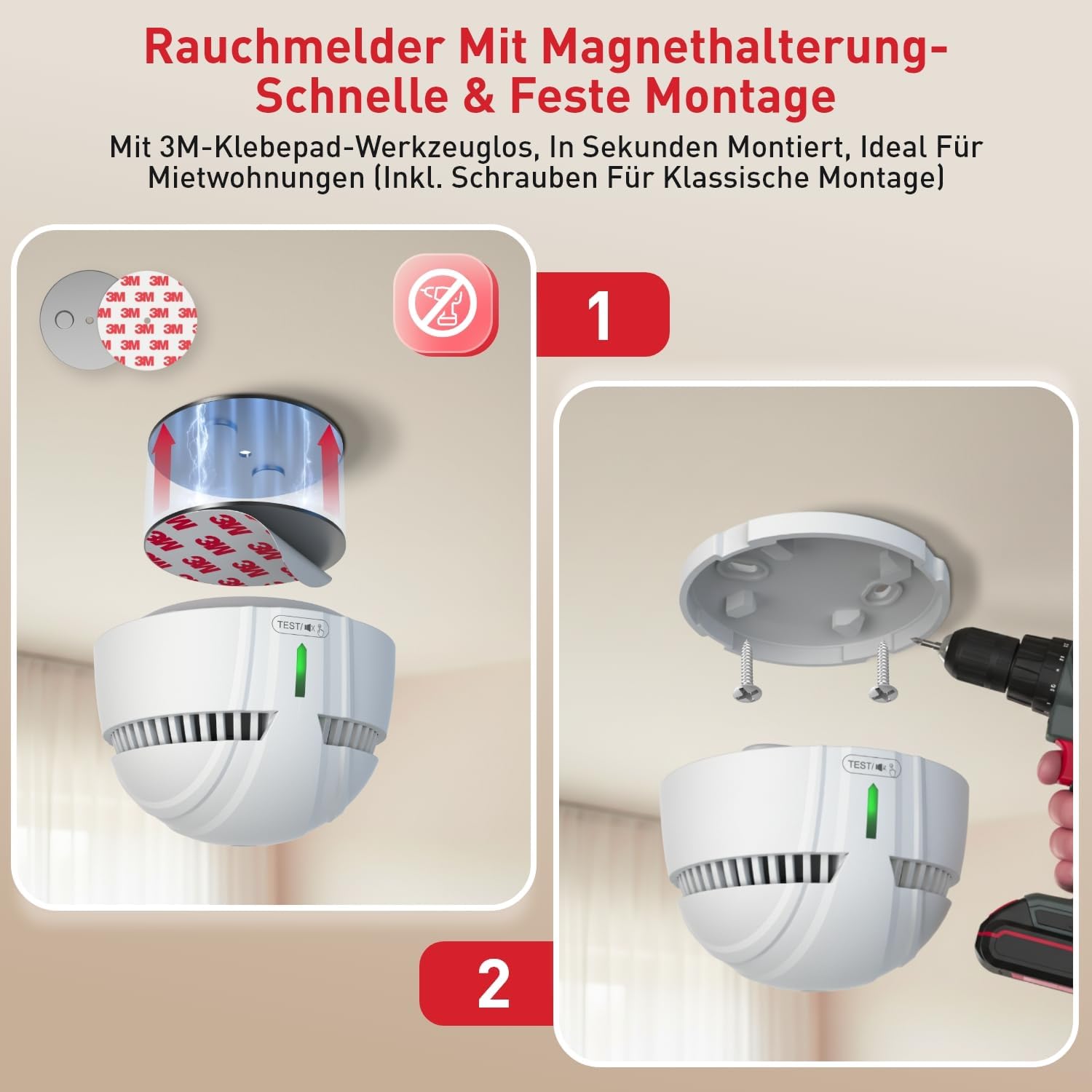 DAYTECH Rauchmelder 10-Jahres-Batterie – 5 Mini-Rauchmelder mit Magnethalter-Set, TÜV Rheinland zertifiziert, Feueralarm mit 85 dB & Test-/Stummschalter – Bild 4