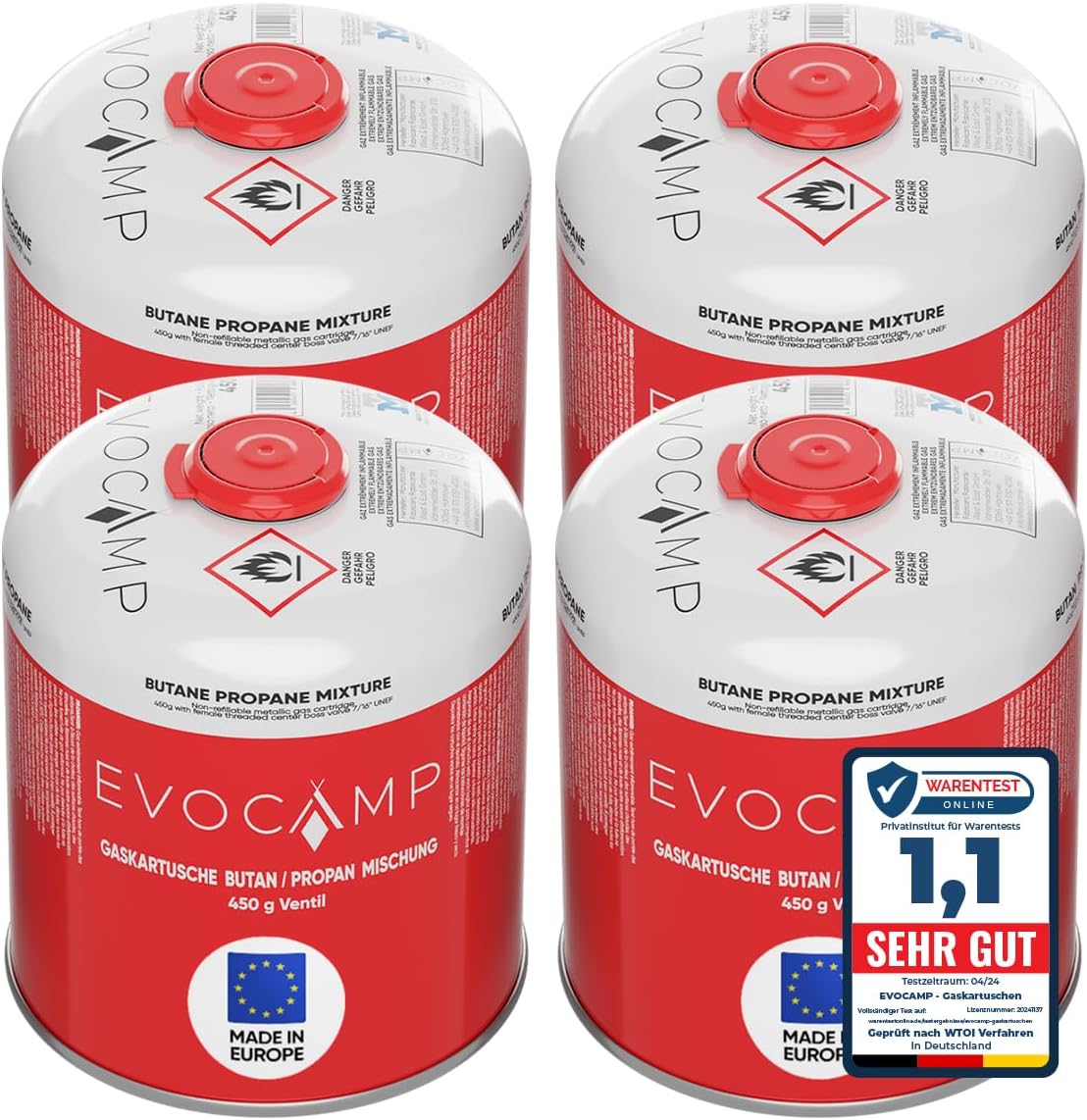 EVOCAMP 4 x Propan-Butan-Gaskartuschen 450 g für Weber-Grills Q100/1000-Serie, Schraubkartusche Eurogewinde 7/16 Zoll, Ventilkartusche 809 ml mit automatischer Sicherheitsverriegelung