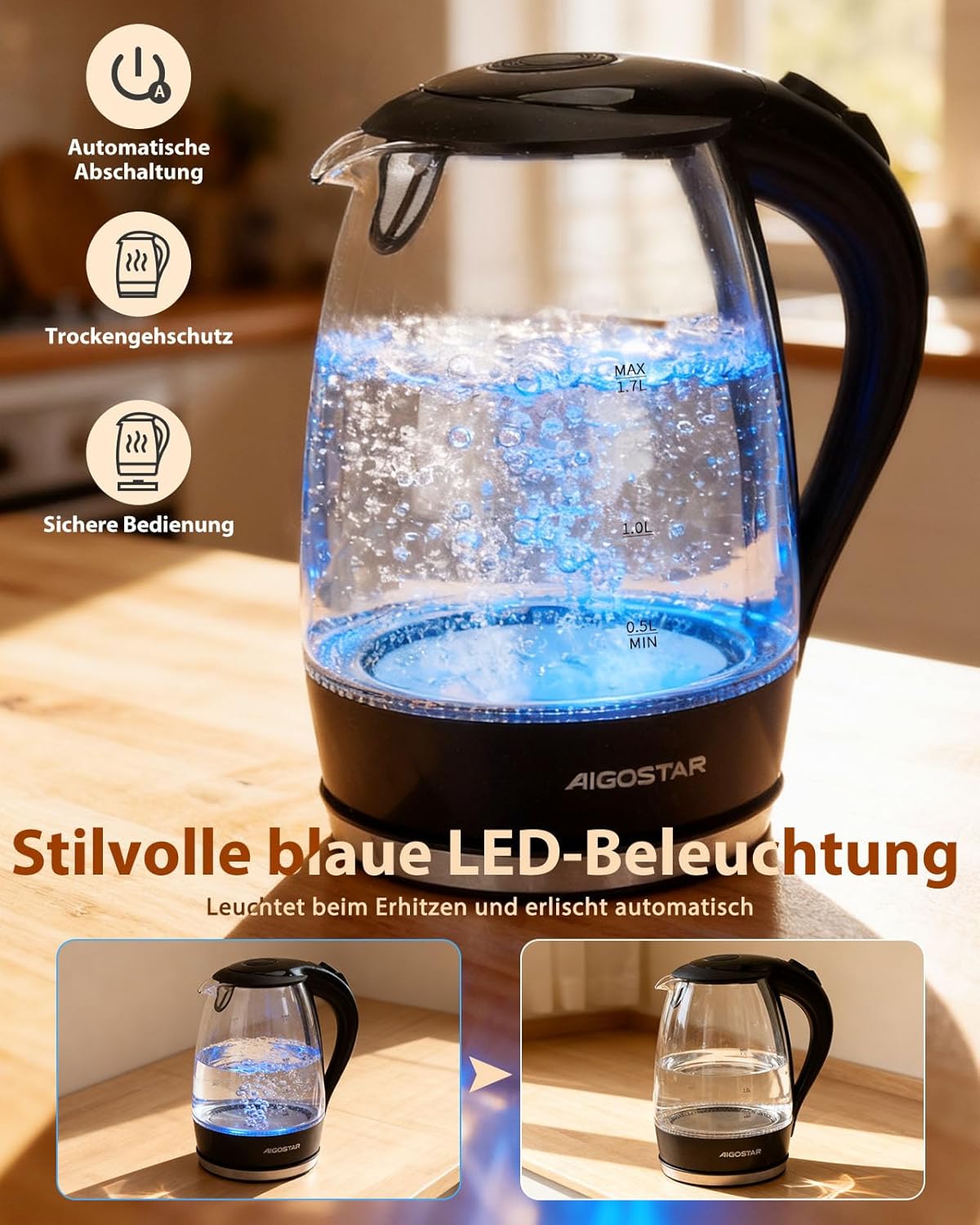 Aigostar Eve 30GON Glaswasserkocher mit LED-Beleuchtung, 2200 Watt, 1,7 Liter, Koch-Trockenschutz, BPA-frei, Weiß -, Adam – Bild 4