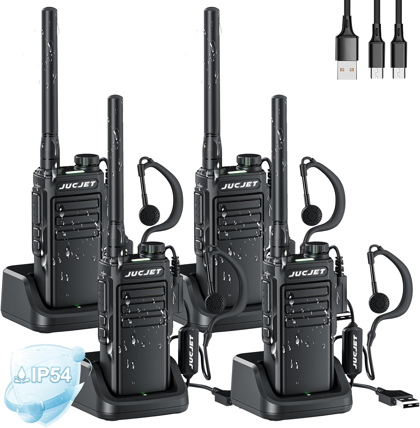 EP31 Walkie Talkie (4 Stück), IP54 wasserdichte Walkie Talkies, PMR446 Long Range Walkie Talkie, 2 in 1 TYPE C Ladekabel, mit USB Ladestation, Original Kopfhörer.(Schwarz)