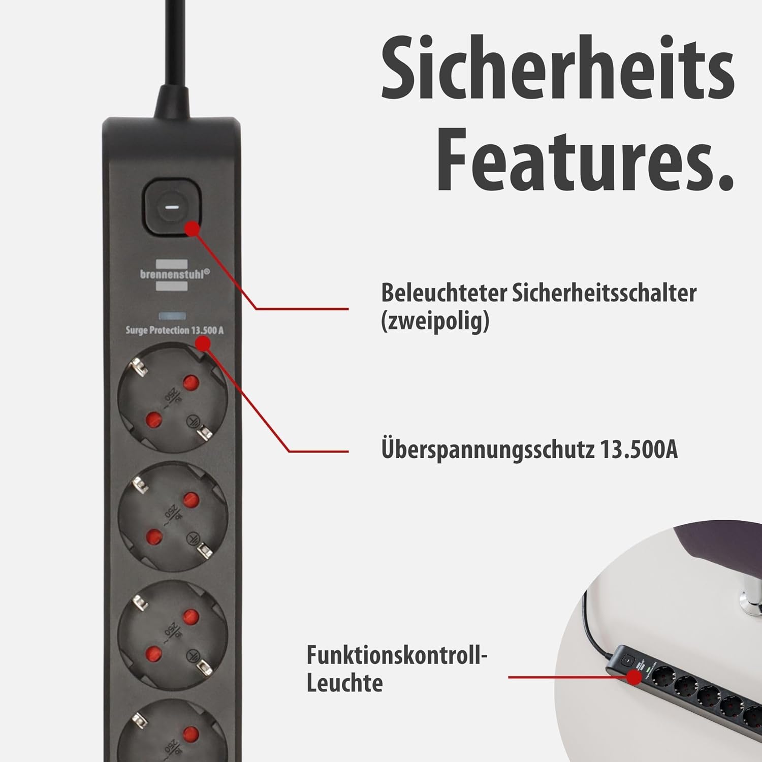 Brennenstuhl 6-fach Steckdosenleiste mit USB und Überspannungsschutz | Mehrfachsteckdose mit 1 x USB C PD 20 W zum Schnellladen und 1 x USB A 20 W, Schalter, 2 m Kabel, schwarz – Bild 2