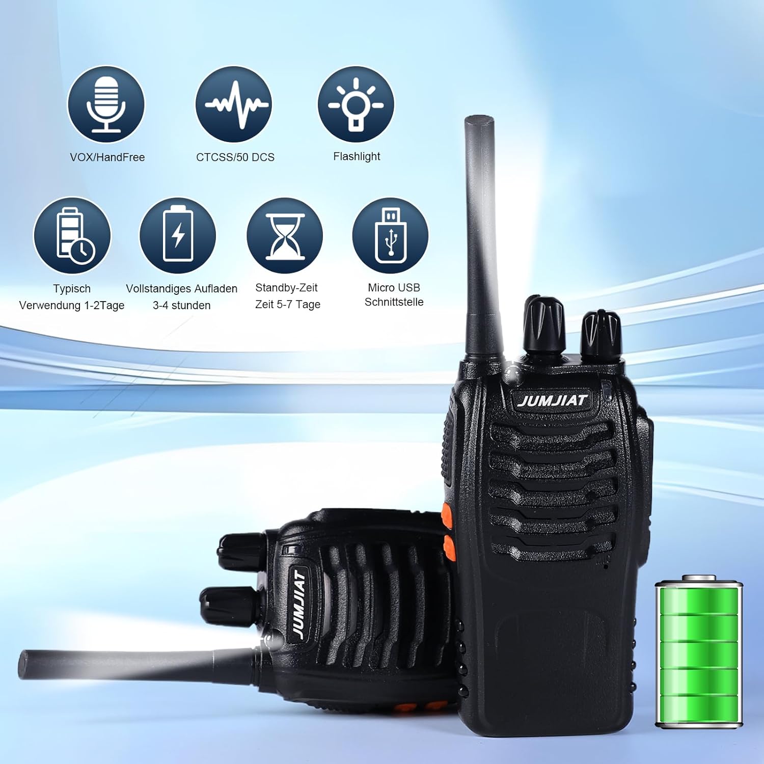 Walkie Talkie, 16 Kanäle, große Reichweite, integrierte LED-Taschenlampe, USB-Ladestation mit Typ-C-Kabel und Kopfhörer (2 Stück) – Bild 5