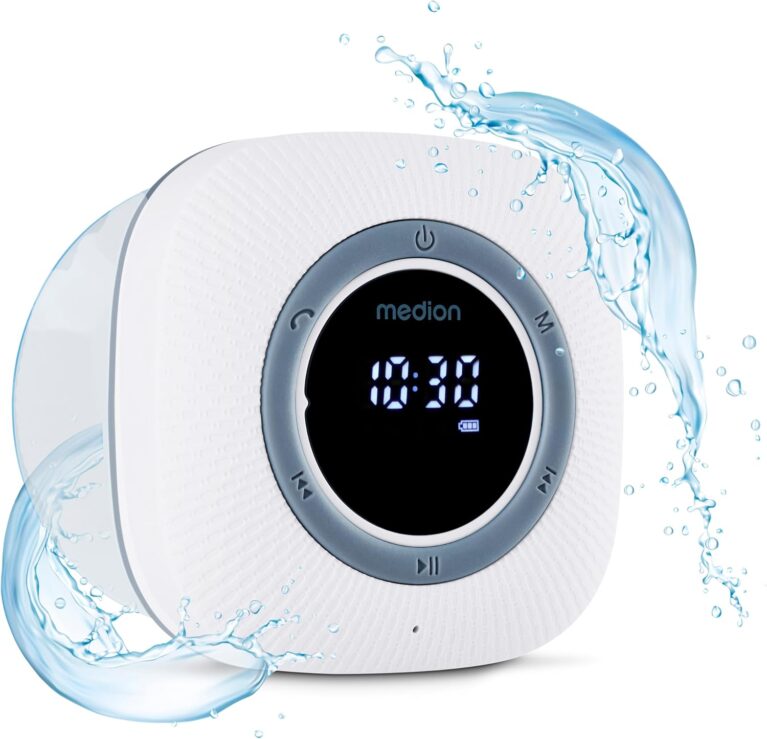 MEDION S66884 Duschradio mit Bluetooth (Badezimmerradio, UKW-Radio, Saugnapf, LED-Display, IPX6 wasserdicht, integrierter Akku, MD43884) weiß