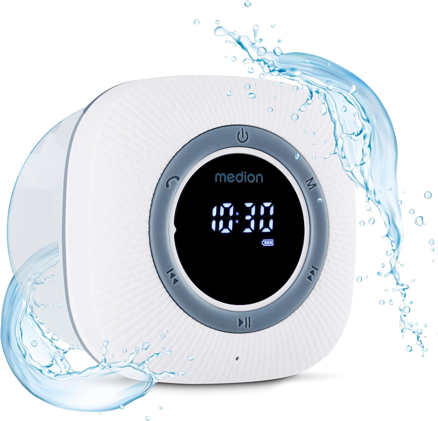 MEDION S66884 Duschradio mit Bluetooth (Badezimmerradio, UKW-Radio, Saugnapf, LED-Display, IPX6 wasserdicht, integrierter Akku, MD43884) weiß