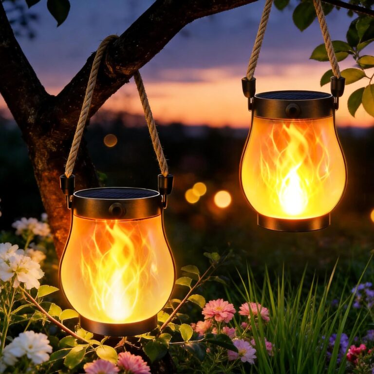 2 Stück Flammen-Solarlaterne, hängende Außenleuchten, Solarlaterne mit flackernder Flamme, IP65 wasserdicht, Solarlaterne zum Aufhängen, aus Hanfseil, für Außenbereich, Garten, Balkon, Terrasse