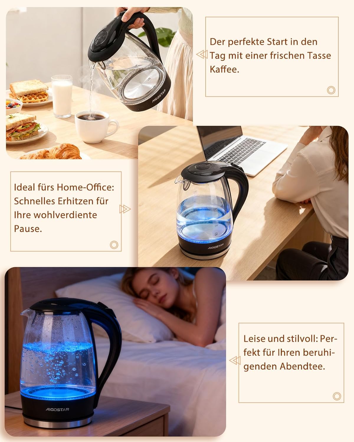 Aigostar Eve 30GON Glaswasserkocher mit LED-Beleuchtung, 2200 Watt, 1,7 Liter, Koch-Trockenschutz, BPA-frei, Weiß -, Adam – Bild 9