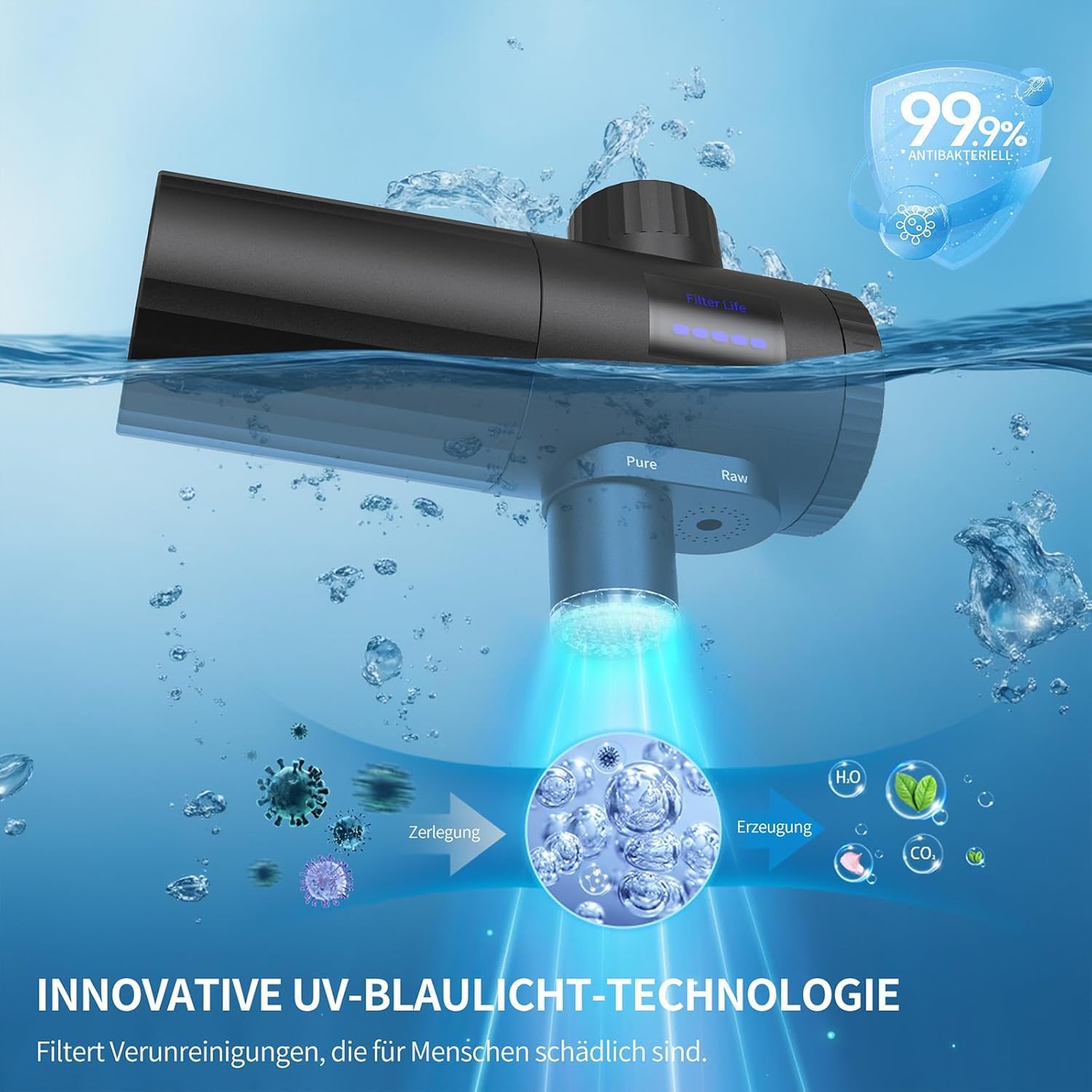 HOMELODY Wasserfilter, Trinkwasser für die Küche, entfernt Chlor, Schwermetalle und Kalk, verbessert den Geschmack, 12 x Adapter, blaues Licht und 1 Filter im Lieferumfang enthalten, Wasserfilterhahn 3.0 mit LED-Anzeige – Bild 4