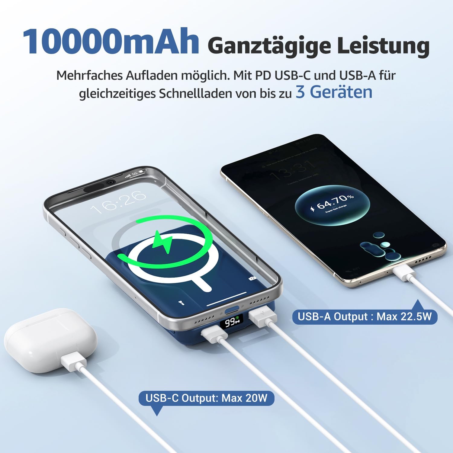 Azmuth Magsafe Powerbank 10000 mAh kabellos magnetisch für iPhone 17-12 | Kabellose Powerbank mit USB-C-Eingang und -Ausgang, 22,5 W USB-A, Klappständer und LED-Bildschirm für iPhone 17/16/15/14/13/12 – Blau – Bild 3