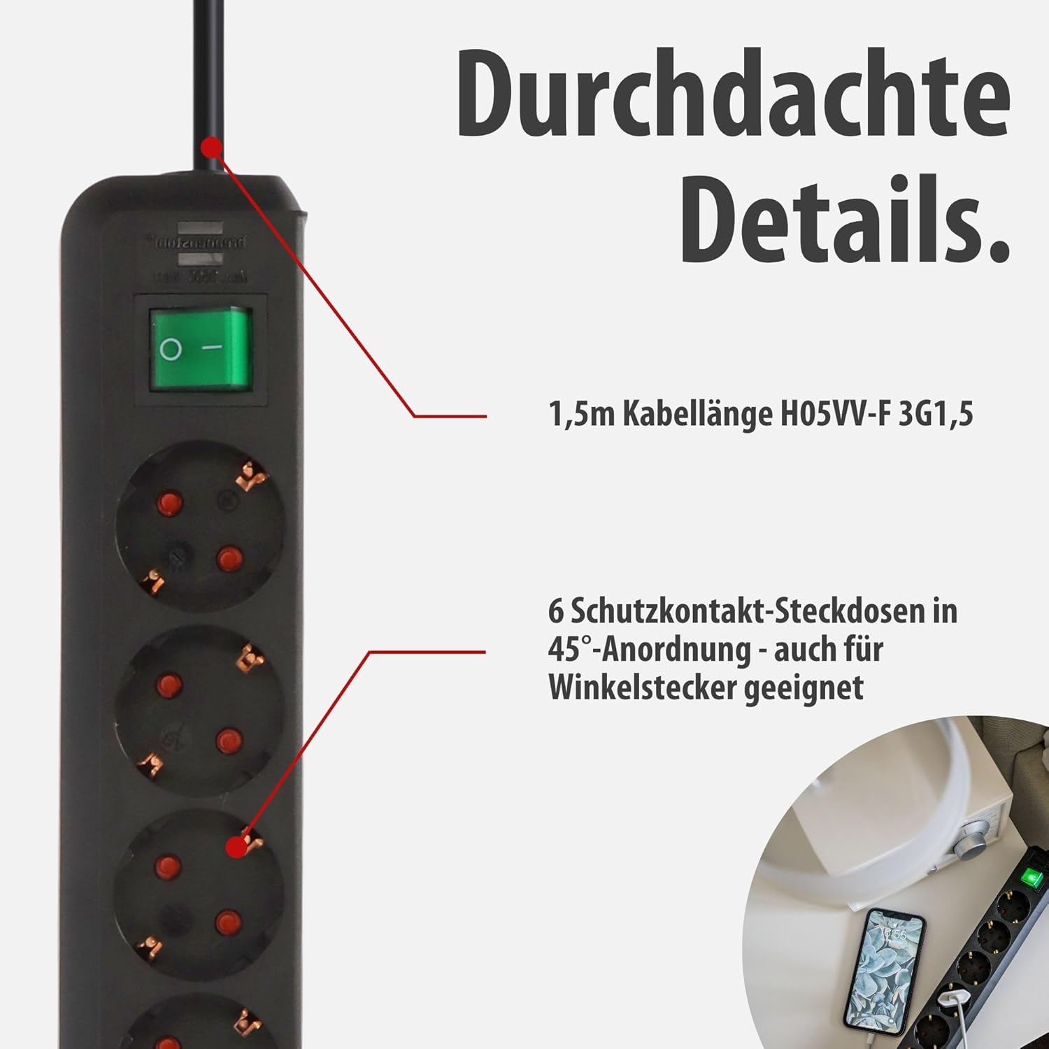 Brennenstuhl Eco-Line 6-fach-Verlängerungskabel (Mehrfachsteckdose mit erhöhtem Berührungsschutz, Schalter und 1,5 m Kabel), schwarz – Bild 4