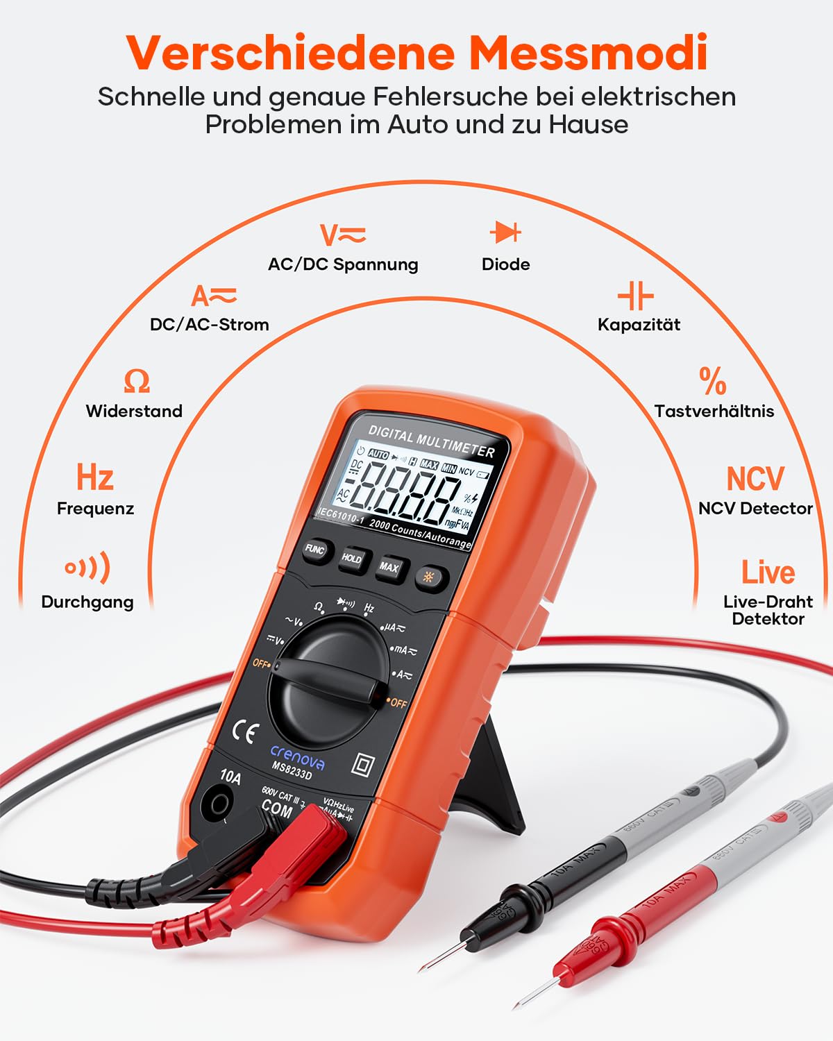 Crenova MS8233D Digital-Multimeter, Spannungsprüfer, Strommessgerät, Voltmeter, Messgerätetester, NCV mit 6000 Count LCD-Display, Hintergrundbeleuchtung – Bild 2