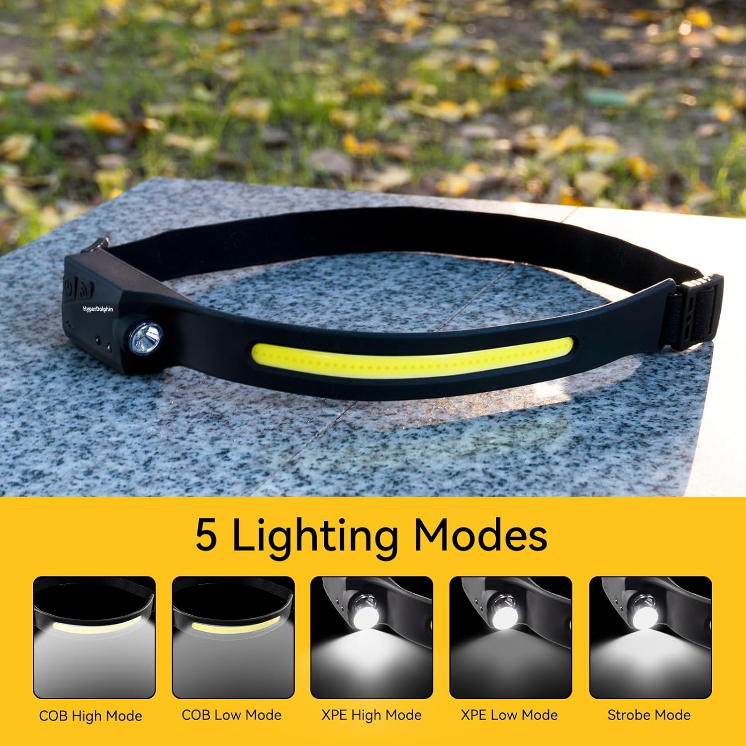 Wiederaufladbare LED-Stirnlampe mit breitem Strahl, 350 Lumen, 5 Modi, Bewegungssensor, Typ-C-USB, wasserdicht, 230°-Beleuchtung, leicht und komfortabel – ideal zum Laufen, Angeln, Radfahren, Camping – Bild 7