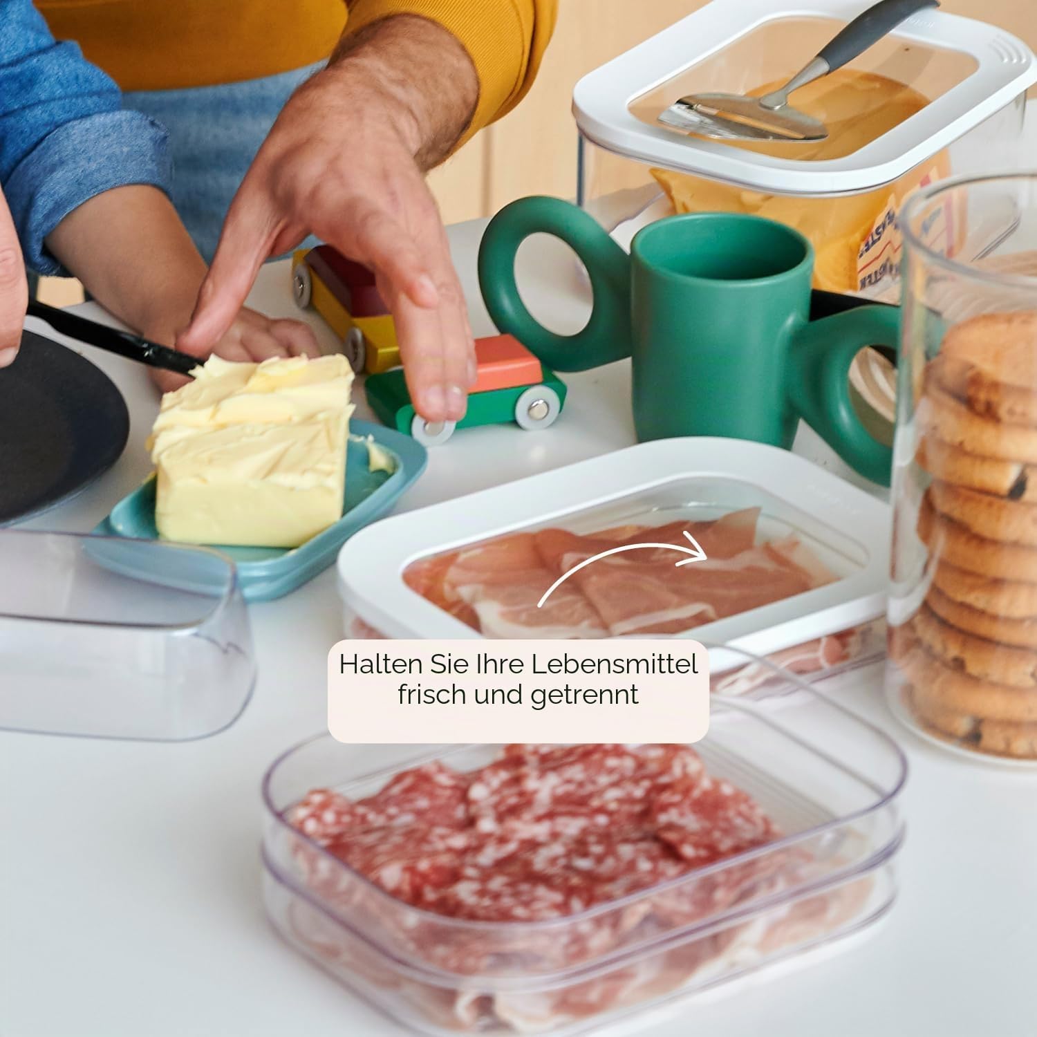 Mepal - Modula 3-lagige Wurstaufbewahrungsdose - Kühlschrank - Aufbewahrungsbox mit Deckel - Geeignet zur Aufbewahrung von Fleischprodukten - 3 separate Kühlschrank-Aufbewahrungsboxen - 1650 ml - Schwarz – Bild 5
