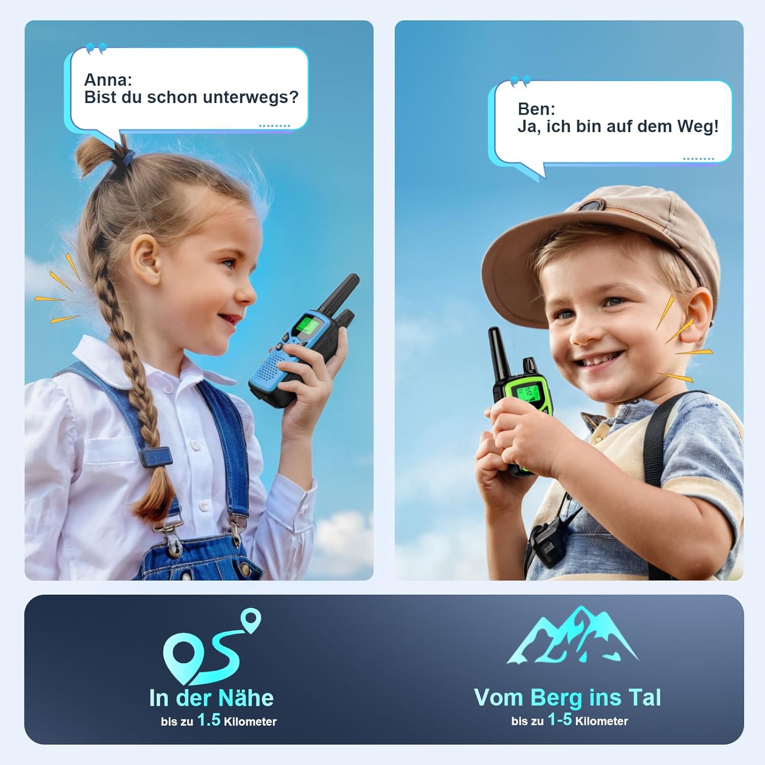 Walkie Talkie 3er-Set Kinder wiederaufladbar, Rabigala-Radios mit 5 km großer Reichweite für Erwachsene, Li-Ionen-Akku, VOX-Freisprecheinrichtung, Taschenlampe LED, LCD – Bild 2