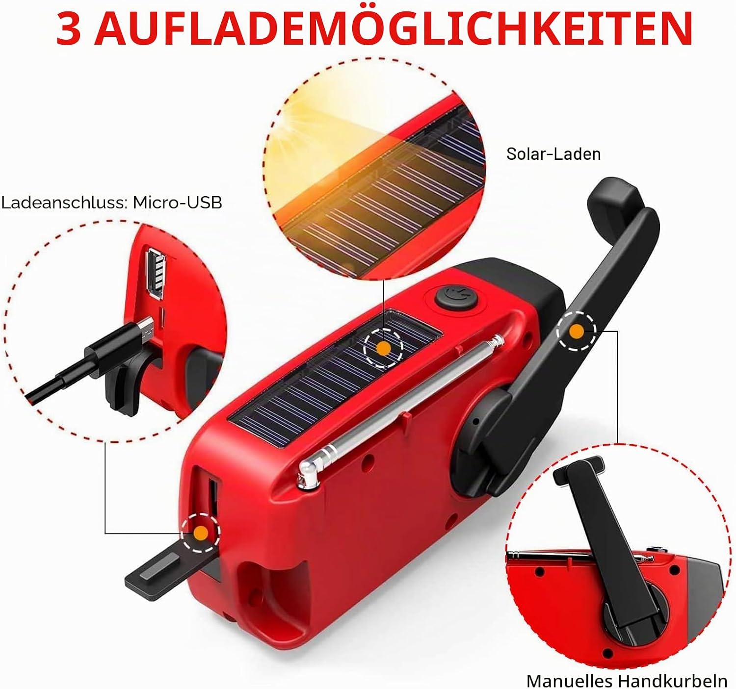Notfall-Aufziehradio mit wiederaufladbarem USB-Ladegerät/3 LED-Taschenlampe/AM/FM/Wetter/tragbares Solar-Handkurbelradio für Haushalt und Outdoor, Camping, Wandern, Reisen – Bild 3