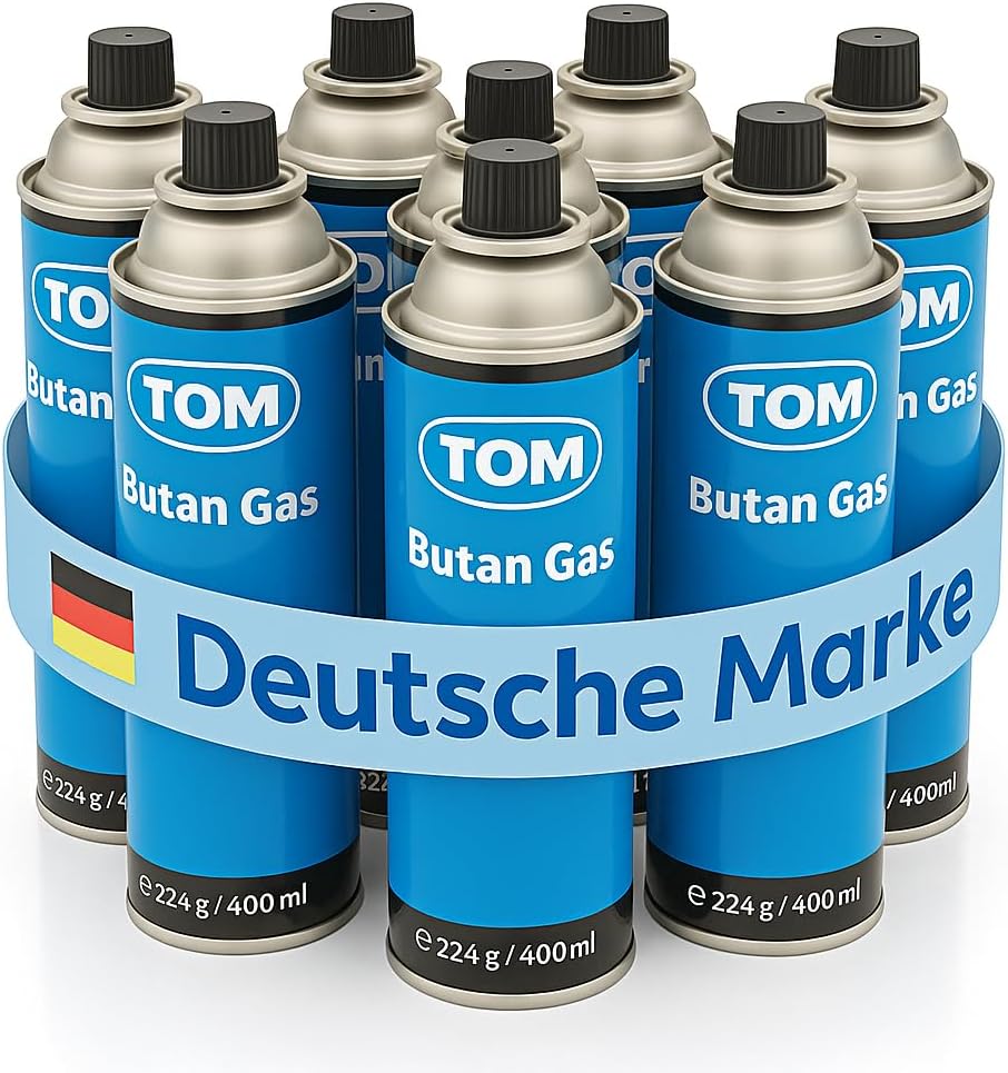 TOM 8 x 12 x oder 28 x Butangaskartuschen 227 mit MSF-1A Bajonettventil – Die Butangaskartuschen sind ideal für Campingkocher, Gaslampe usw. oder für Unkrautbrenner, Flächenbrenner
