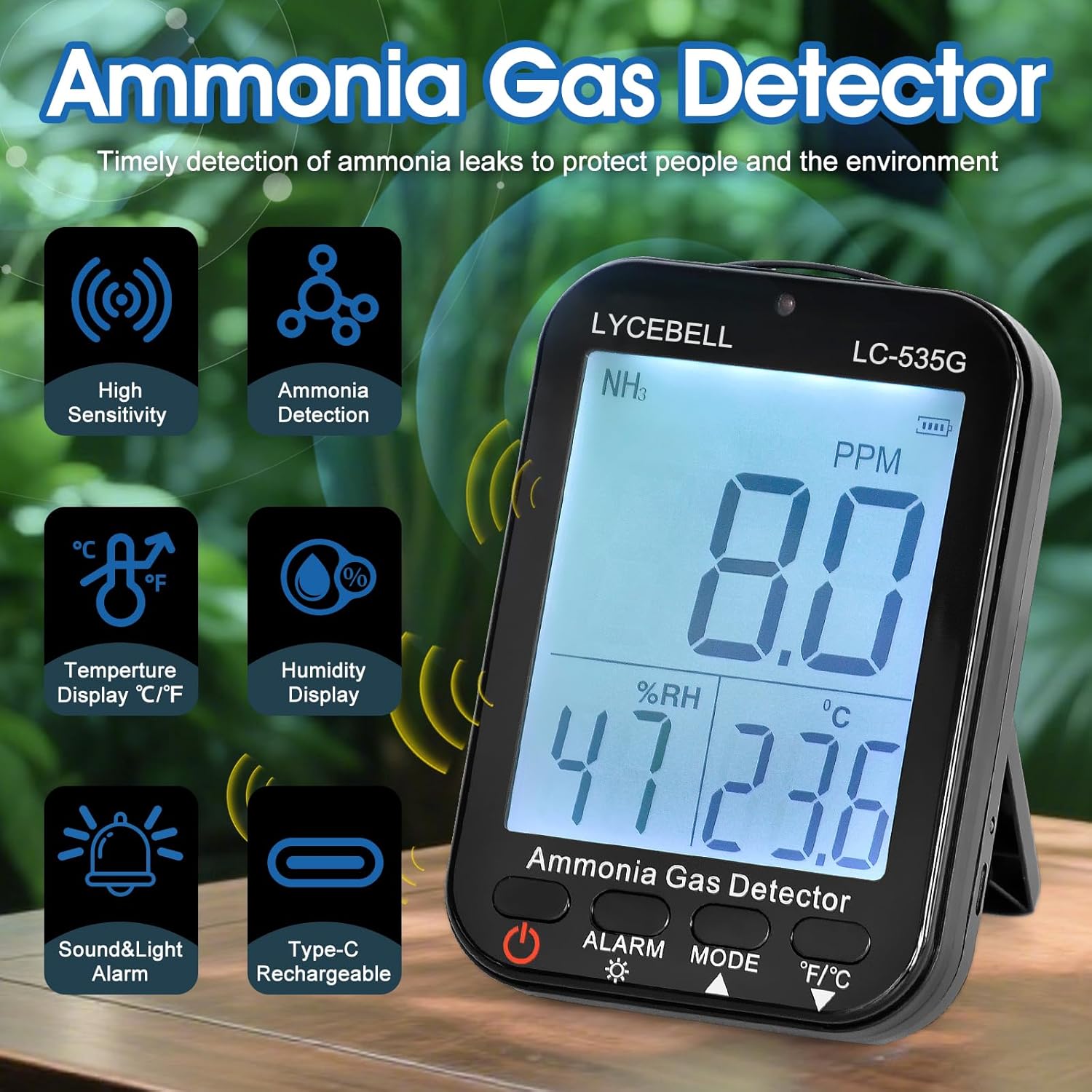 535G Ammoniak-Gasdetektor, NH3-Monitor 0–100 ppm mit Doppelalarm, wiederaufladbarer tragbarer Gasleckdetektor für Bauernhof/Industrie/Zuhause, Temperatur- und Luftfeuchtigkeitsanzeige – Bild 2