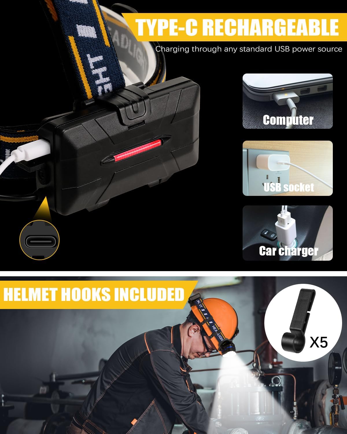 Hyted Stirnlampe, superhelle Stirnlampe, 18.000 Lumen, 8 LEDs, 8 Modi mit rotem Warnlicht, USB-Stirnlampe, wiederaufladbar, wasserdicht, perfekt für Arbeit, Outdoor, Camping, Wandern, Angeln – Bild 6