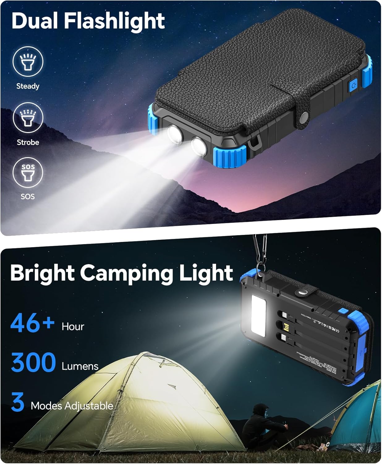 Solar Power Bank 20000 mAh mit 4 Solarpanels, USB C 15 W Schnellladung 5 Ausgänge mit 3 Kabeln, wasserdichter externer Outdoor-Akku mit Karabiner & Taschenlampen für Camping, Telefone, Tablets – Bild 6