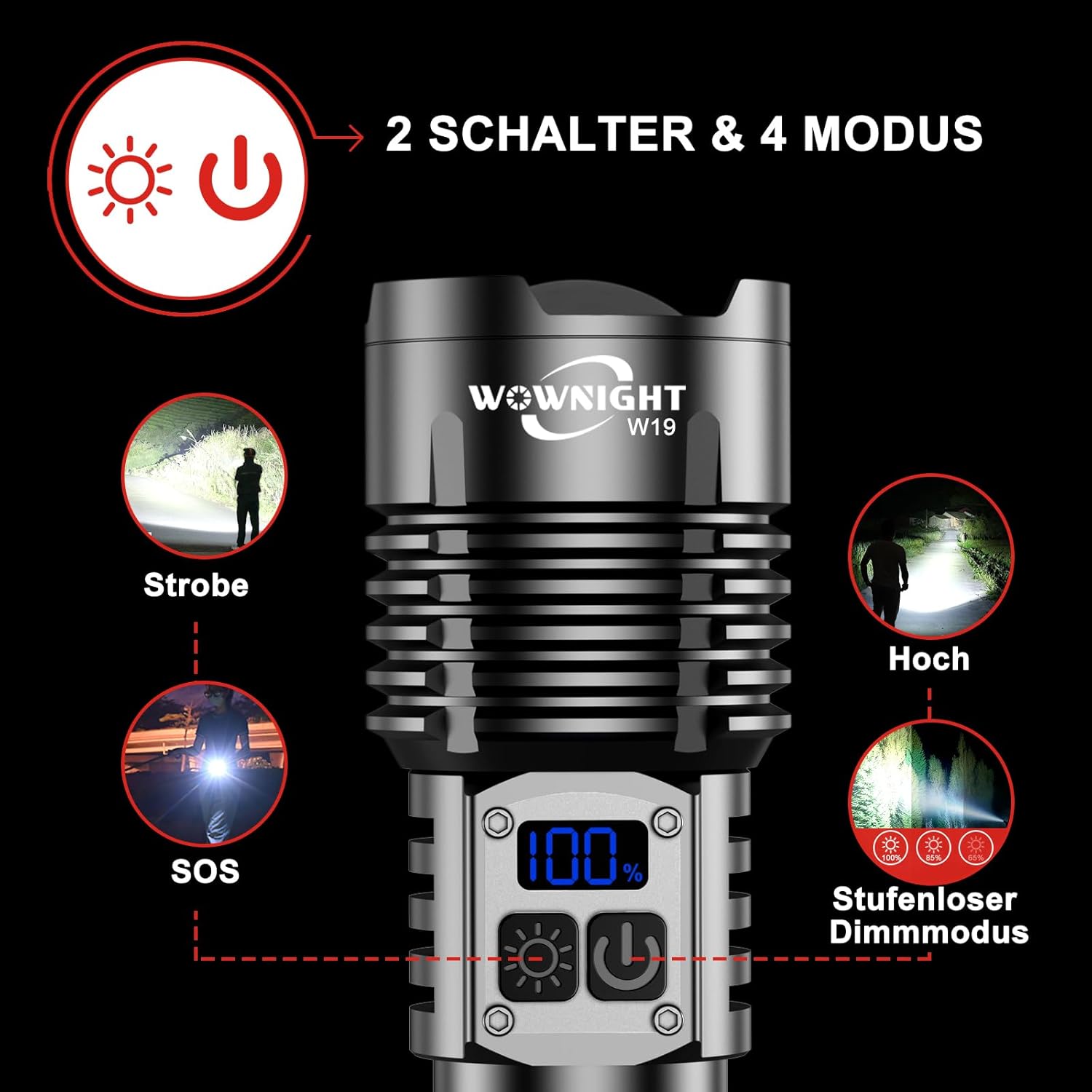 Taschenlampe LED wiederaufladbar, 1.000.000 LM – 50 W, 2-Schalter-LED-Taschenlampe, extrem hell, 1600 m Weitschuss, starke taktische Taschenlampe, stufenlos dimmbar, mit Stirnlampe für Notfälle im Freien – Bild 4