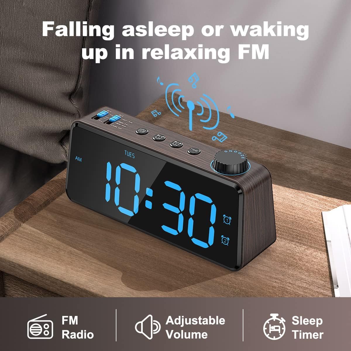 ANJANK Digitaler Radiowecker, 0–100 % dimmbar, Doppelwecker mit Wochentagen/Wochenende, USB-Ladegerät, einfache Einstellung, Netzbetrieb mit Batterie-Backup, großes Display, sehr gut lesbar in allen Räumen – Bild 2