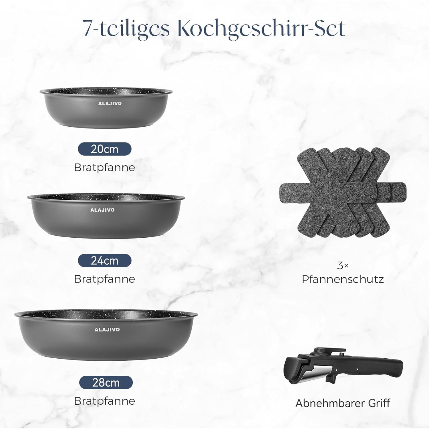 Pfannenset mit abnehmbarem Griff, Induktionspfannen, Bratpfanne mit Antihaftbeschichtung, 7-teiliges Set, 20 + 24 + 28 cm Platzsparpfannen, Pfannenset für alle Herdarten, Spülmaschinen, ofenfest (Grau) – Bild 2