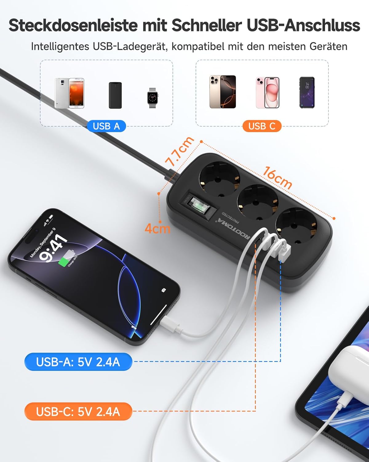 3-fach Steckdose mit Überspannungsschutz, Mehrfachsteckdose, 4 USB (2 USB-C), Steckdose mit Schalter und 1,5 m Kabel, Wandmontage für Zuhause, Büro, Schwarz – Bild 4