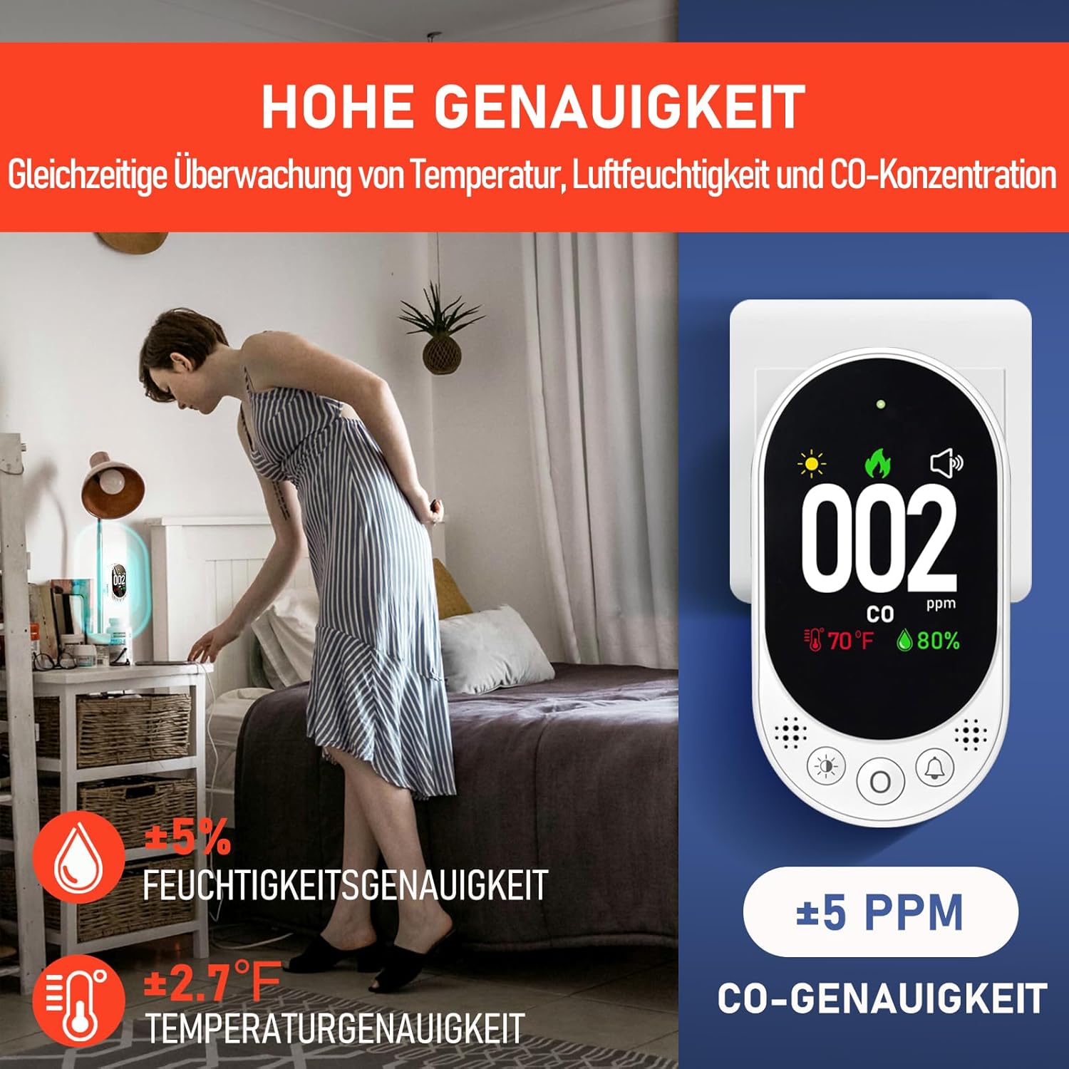 LSENLTY Kohlenmonoxidmelder, CO-Detektor mit HD-Bildschirm und Display, visueller und akustischer Alarm, 3-in-1-CO-Detektor (CO-Gasmessgerät, Temperatur und Luftfeuchtigkeit) für Zuhause und Reisen – Bild 4