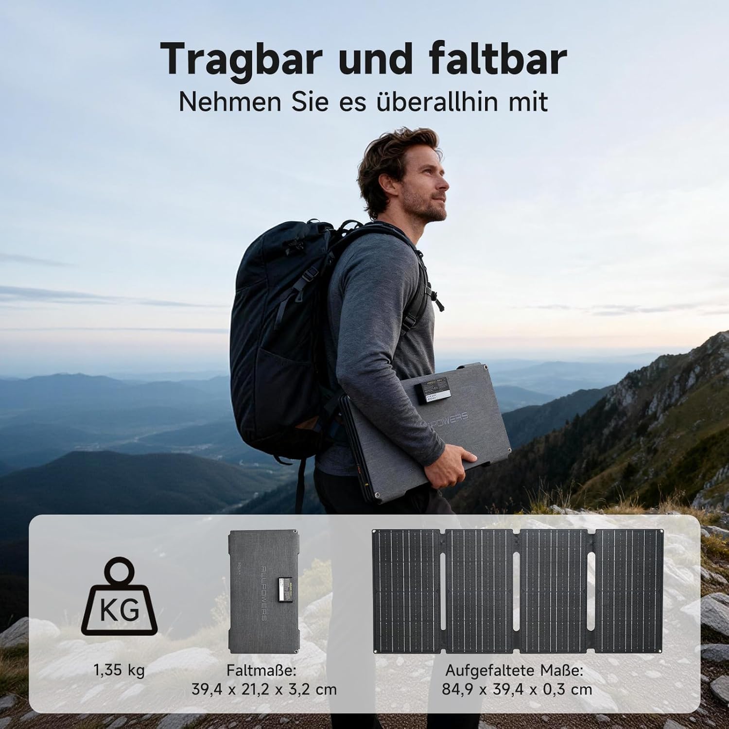 ALLPOWERS SE60 60W Solarpanel faltbar mit 3 Anschlüssen (USB-C+USB-A+DC), IP68 wasserdichtes tragbares Solarladegerät, Handy-Solarpanel Outdoor für Smartphone Mobile Power Bank Camping Wandern Outdoor – Bild 7