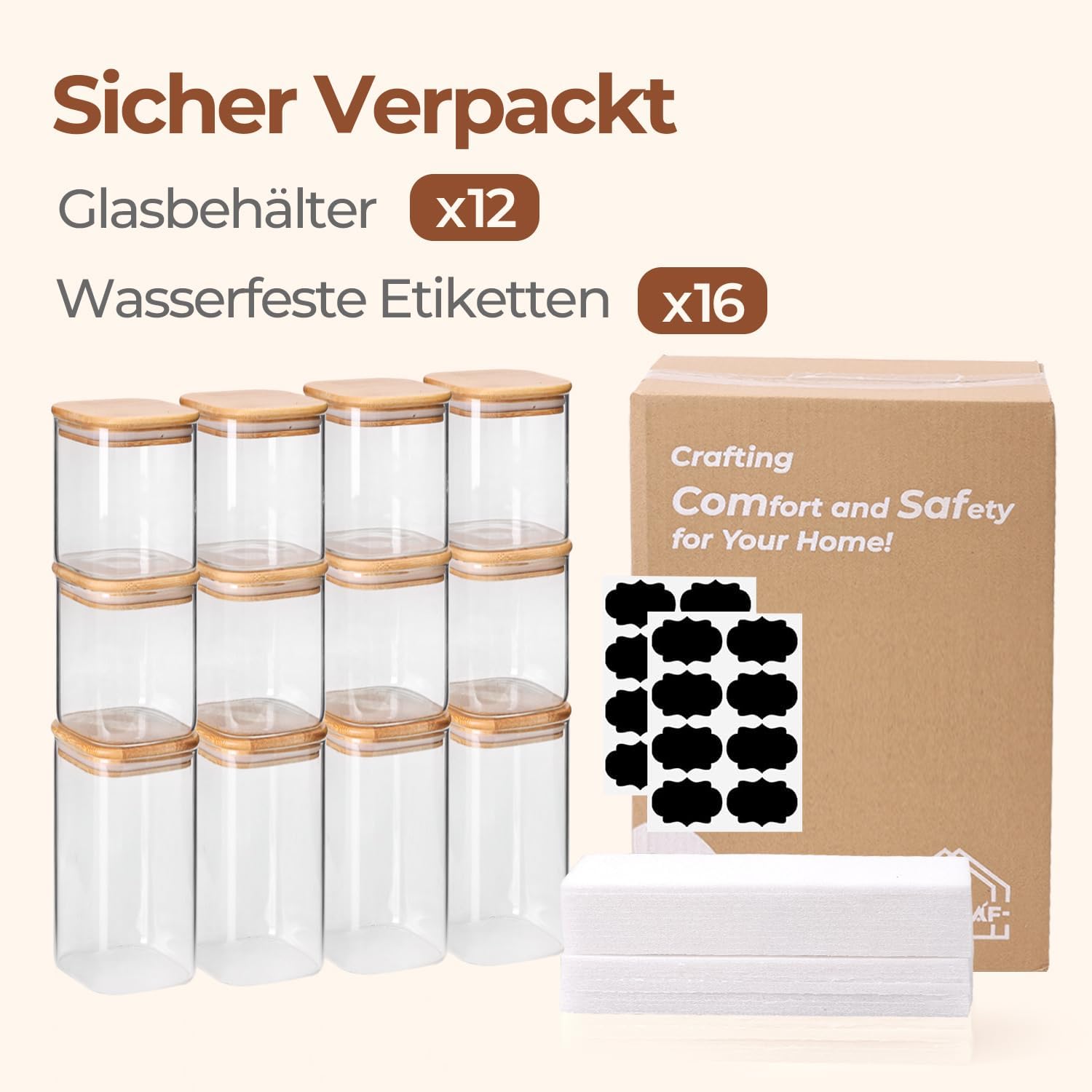 ComSaf Vorratsgläser, Glasbehälter mit Deckel, Vorratsgläser Glas 1 L x 4/600 ml x 8, Set mit 12 Vorratsgläsern mit Deckel, luftdicht, Vorratsgläser, Küchen-Vorratsgläser für Müsli – Bild 8