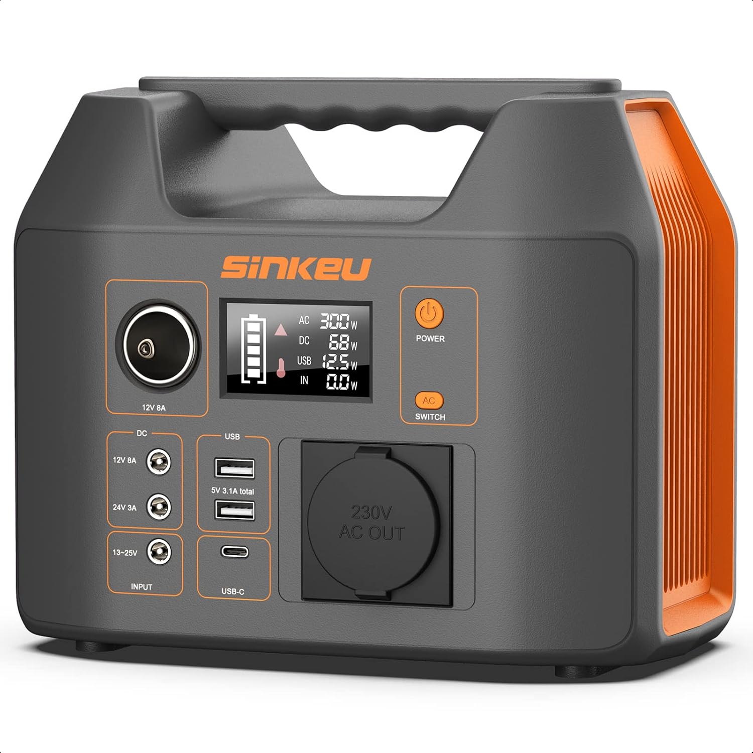 SinKeu Tragbares Kraftwerk 296 WH, Notfall-Solargenerator mit 230 V 300 W reiner Sinuswelle AC-Buchse, 12 V DC, USB, Typ C, LED-Licht, Stromspeicher, für Camping, unterwegs, Stromausfälle