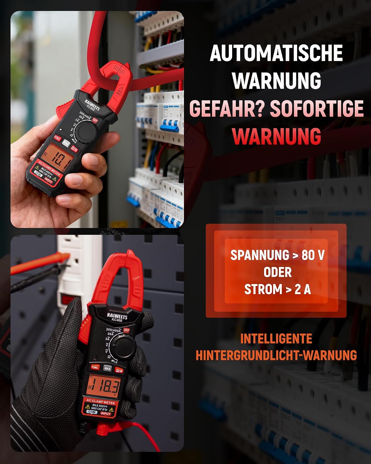 KAIWEETS Digitale Stromzange, tragbares Strommessgerät 400 A AC, 600 V AC/DC, 2000 Zählungen, Auto-Range-Spannungsprüfer, Messgerät für Strom, Spannung, Widerstand, Durchgang und Diode, KC400 – Bild 5