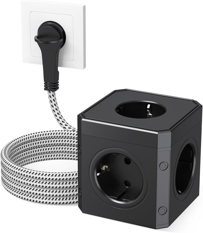 HITRENDS Steckdosenwürfel mit Flachstecker, 5in1 Mehrfachsteckdose (230V/16A), 5-fach Steckdosenleiste, Mehrfachsteckdosenverteiler mit 3M Geflechtkabel für Büro, Zuhause, Schwarz