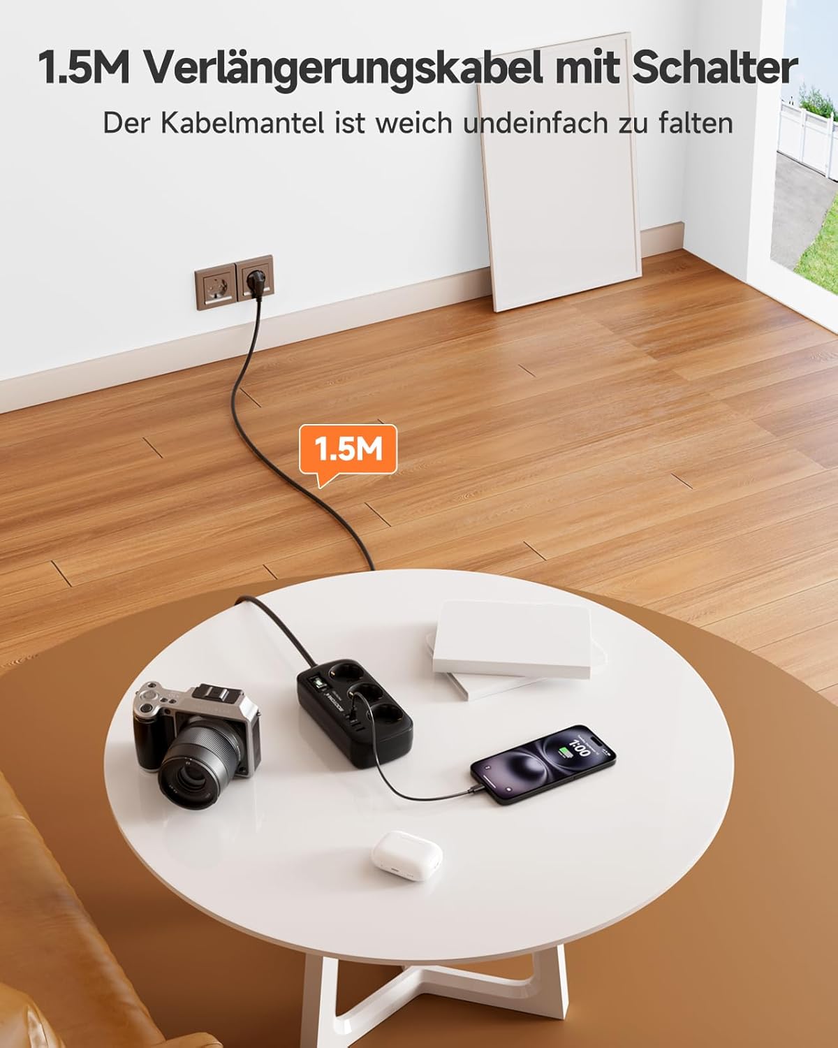 3-fach Steckdose mit Überspannungsschutz, Mehrfachsteckdose, 4 USB (2 USB-C), Steckdose mit Schalter und 1,5 m Kabel, Wandmontage für Zuhause, Büro, Schwarz – Bild 6