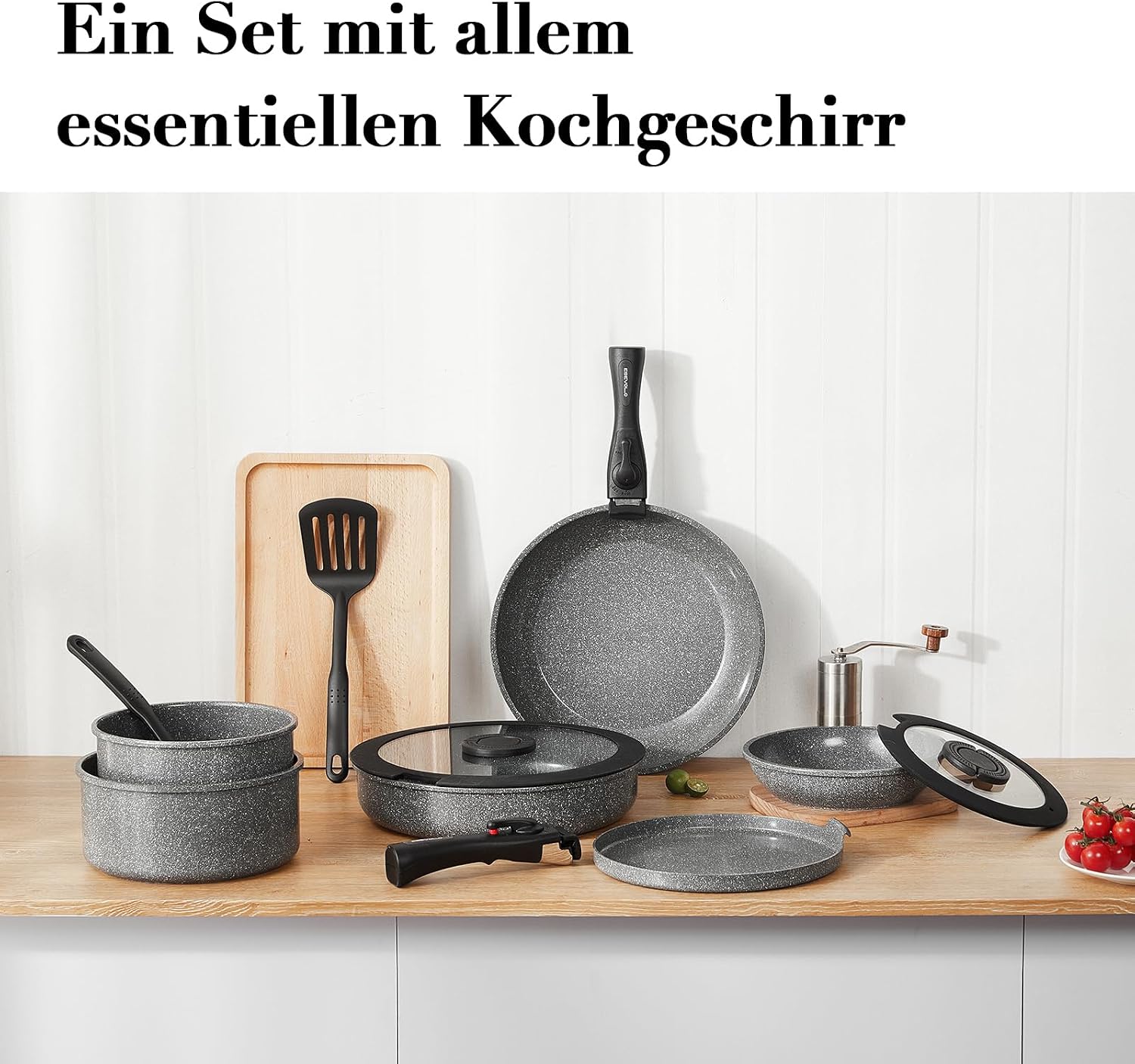 16-teiliges Kochgeschirr-Set für Induktionsherde, Töpfe und Pfannen mit abnehmbaren Griffen, stapelbar, antihaftbeschichtete Keramik, antihaftbeschichtet, PFAS, mit Crêpes- und Schmorpfanne, grau – Bild 7