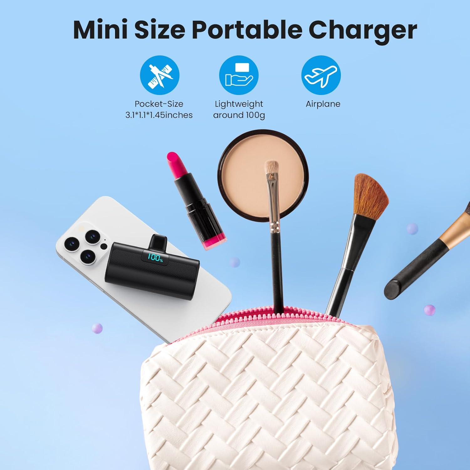 Mini-Powerbank 5200 mAh, kleine Powerbank USB C PD externer Akku, kompakter Akku mit LCD-Digitalanzeige, kompatibel mit iPhone 15/16/17-Serie, Samsung S25/24-Serie, Note, Huawei, iPad Schwarz – Bild 3