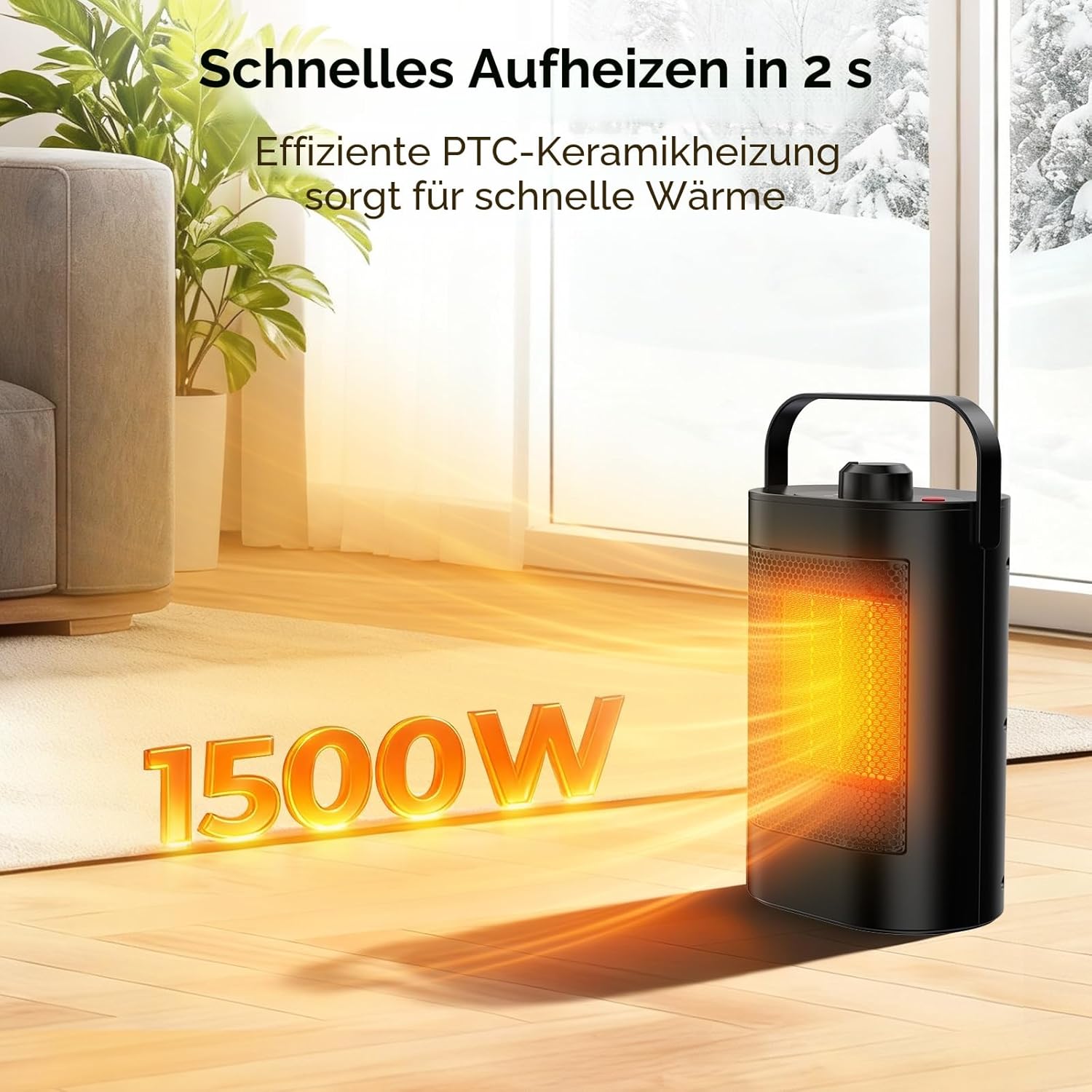 Heizlüfter, energiesparend, 1500 W, PTC-Keramik-Heizung, elektrisch, 3-Stufen-Modus, Überhitzung & Kippschutz, tragbare elektrische Heizung für Räume, Schlafzimmer, Büros (energiesparend) – Bild 2