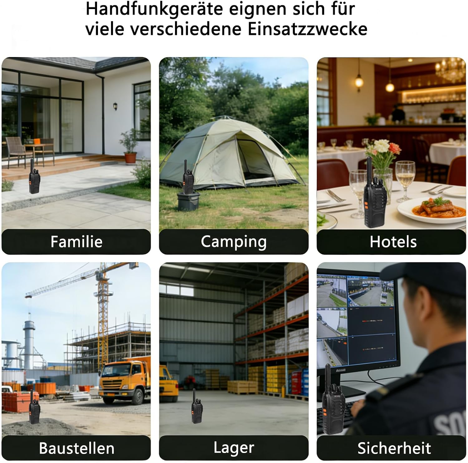 Walkie Talkie PMR446 lizenzfreies Zwei-Wege-Radio, pofung PT88E 16 Kanäle, professionelle wiederaufladbare USB-Ladestation mit großer Reichweite und Ohrhörer, Schwarz, 4 Stück – Bild 7