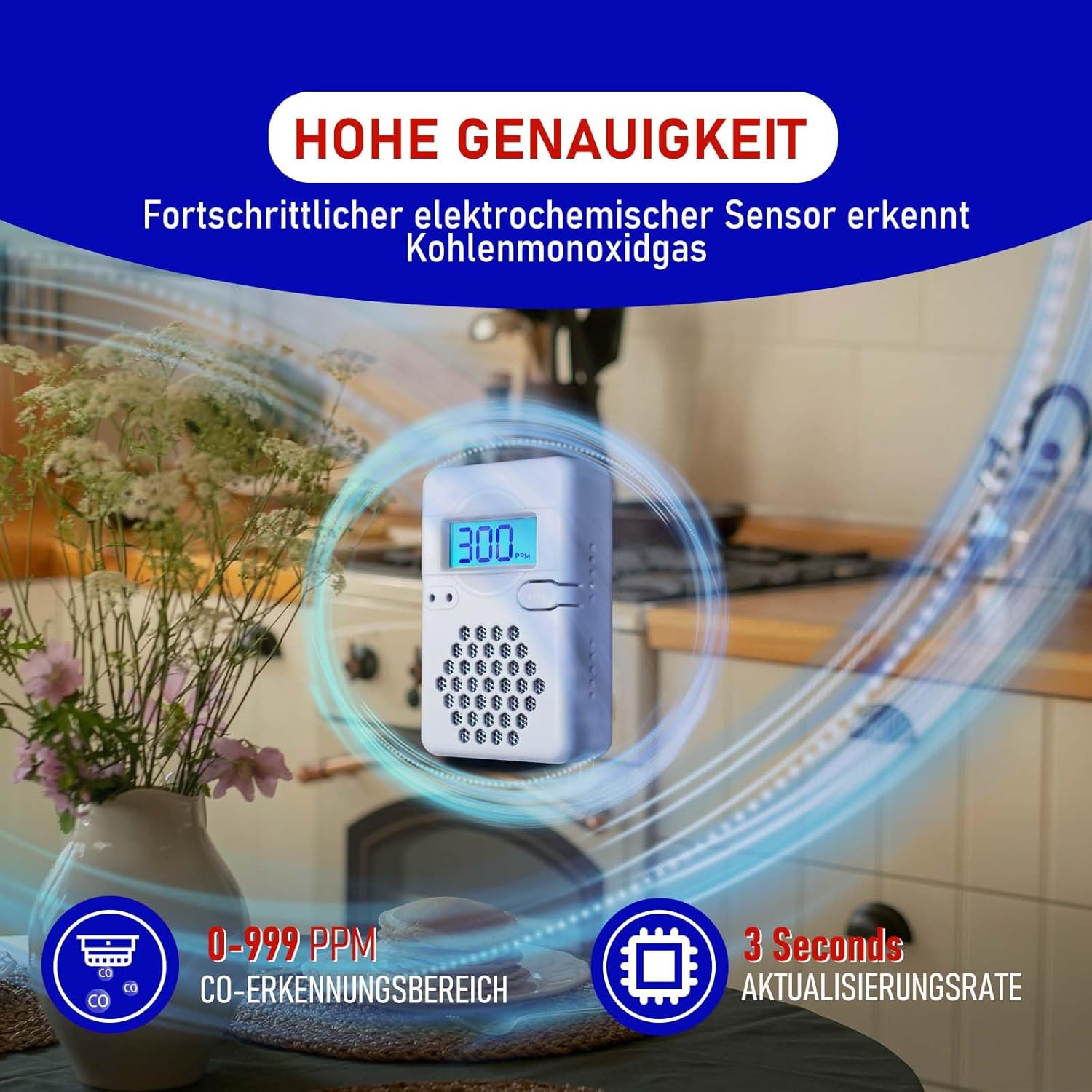 LSENLTY Kohlenmonoxidmelder, 3 Jahre Standby-Zeit, 0–999 CO-Detektorbereich, 85 dB lauter Kohlenmonoxidmelder für Reisen und Camping (Netztasche, Batterie im Lieferumfang enthalten) – Bild 4