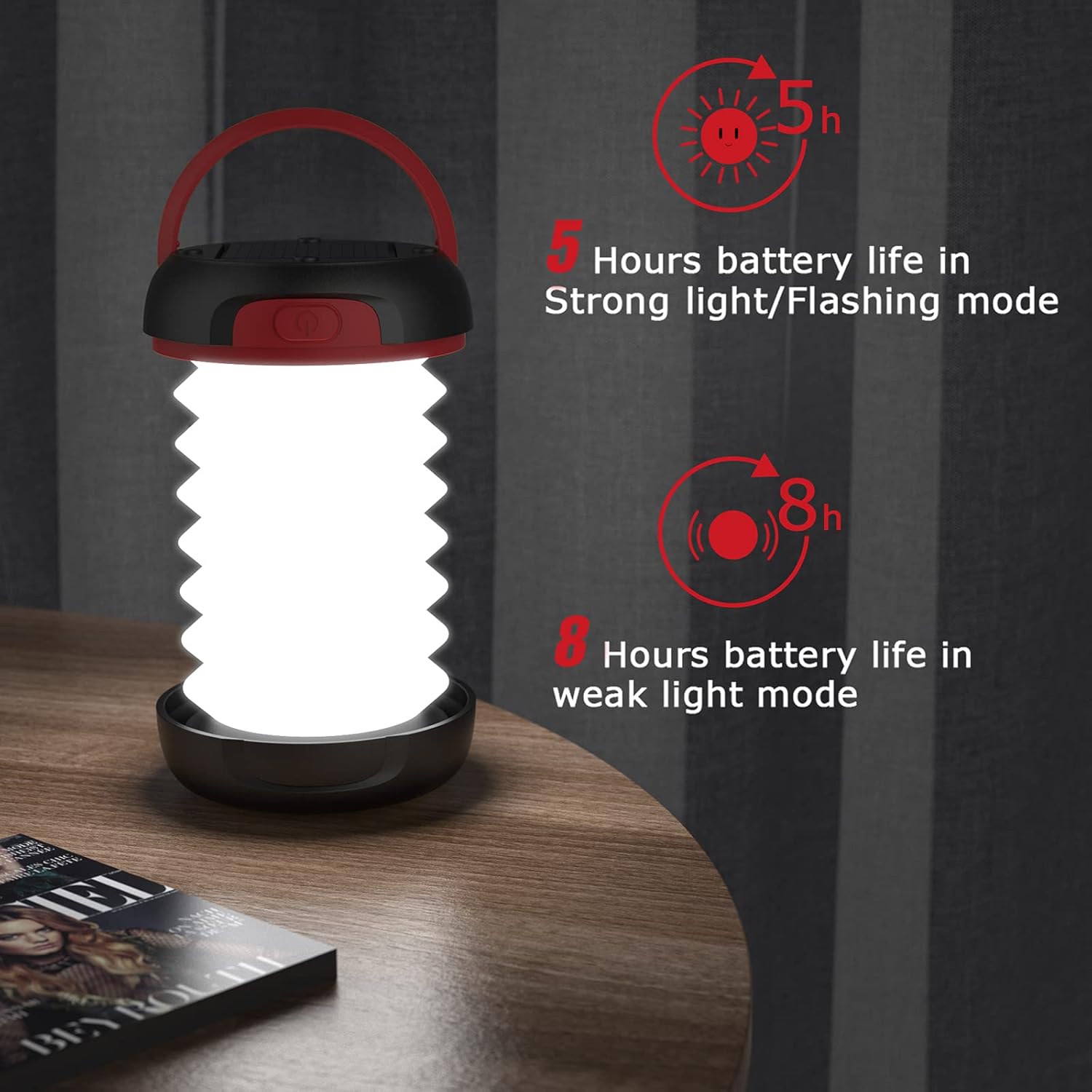 GlobaLink LED-Campinglampe, faltbare Solar-Campinglaterne, Energiebank mit 2 Lademethoden (Solar/USB C) und 3 Lichtmodi für Camping, Angeln, Notfall, inklusive Survival-Armband mit Pfeife (rot) – Bild 4