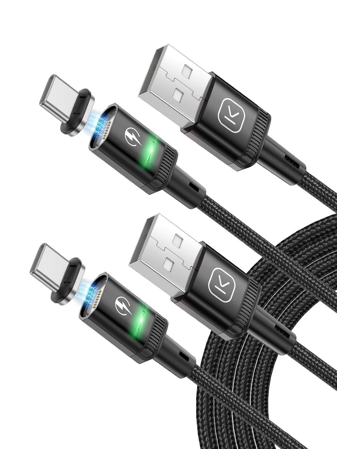 Kuulaa Magnetisches USB-C-Ladekabel, 2 Stück, 3 A, magnetisches USB-Kabel mit Typ-C-Adapter, unterstützt QC 3.0-Schnelllade-Datenübertragung, Nylon-geflochtenes magnetisches Ladekabel (schwarz, 1 m x 2)