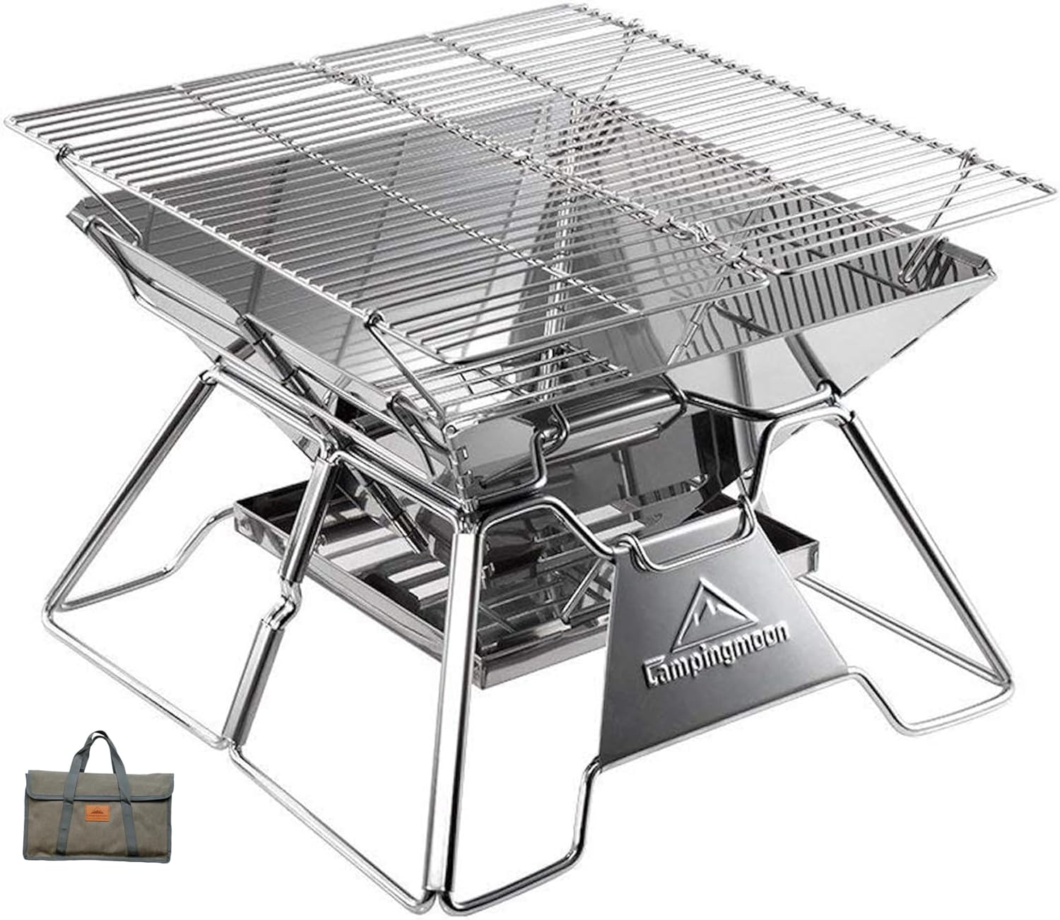 Campingmoon Campinggrill, Edelstahl, faltbar, tragbar, Holzkohlegrill, 35,6 cm, mit Tragetasche, MT-2