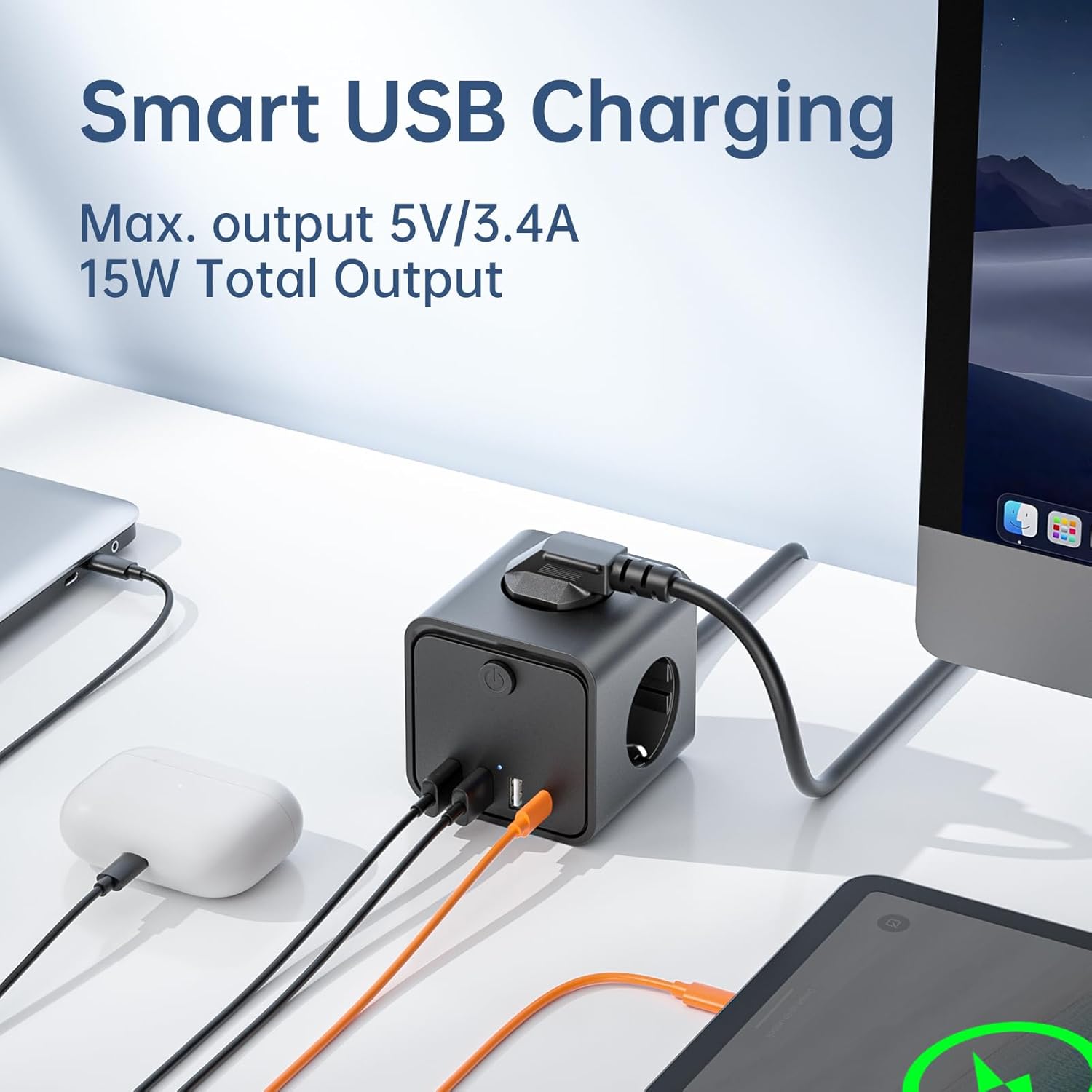 Steckdosenwürfel mit USB, 7-in-1 Steckdosenleiste mit schaltbar, 3-fach Mehrfachsteckdose mit 4 USB, Mehrfachstecker mit Energiesparschalter, 2 m Verlängerungskabel für Büro, Zuhause – Bild 3